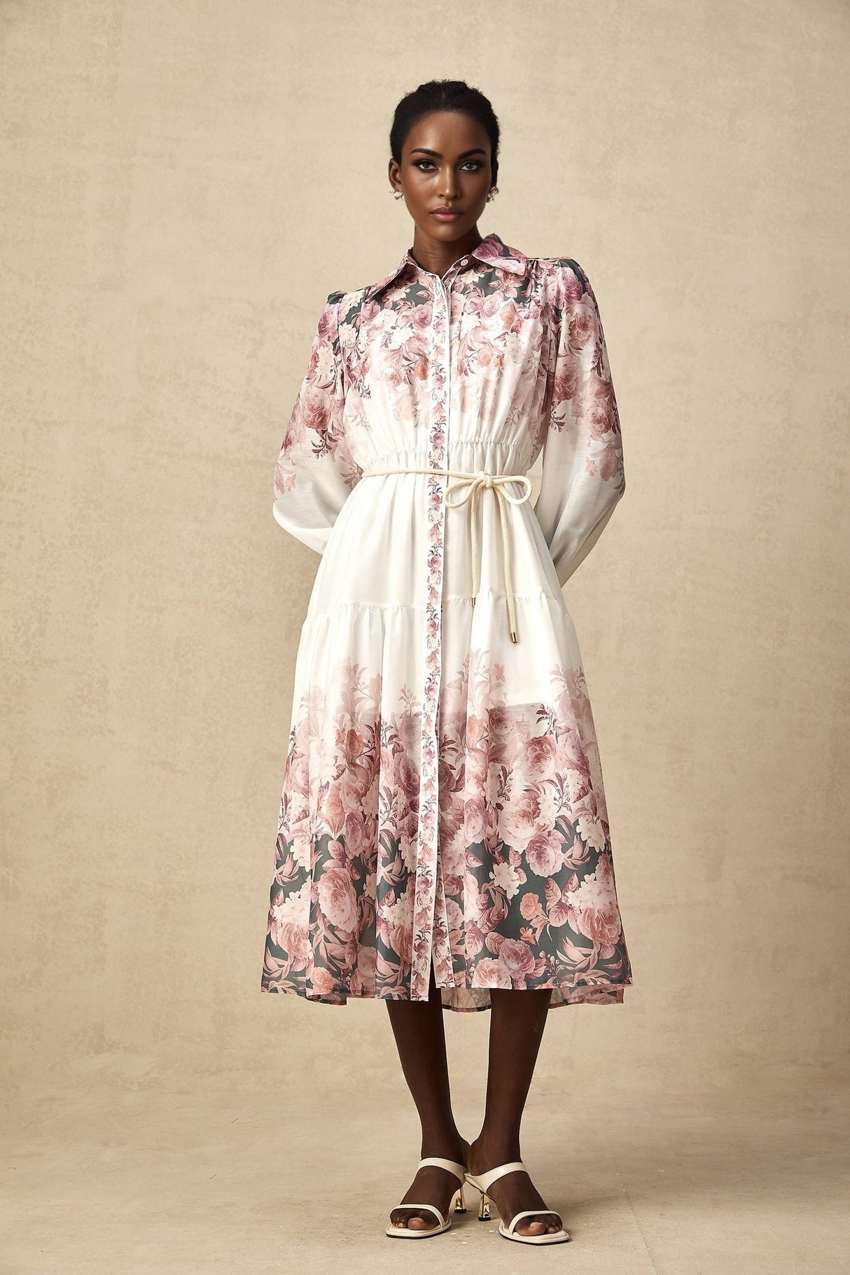 Andrea Floral Midi Dress - Classic Collar - Long Lantern Sleeves - Tied Waist Feature - Single - Breasted Button Fastening