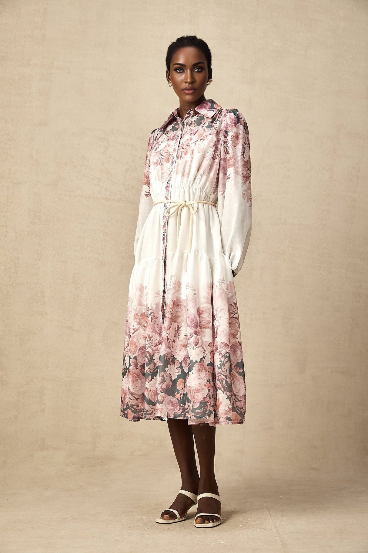 Andrea Floral Midi Dress - Classic Collar - Long Lantern Sleeves - Tied Waist Feature - Single - Breasted Button Fastening