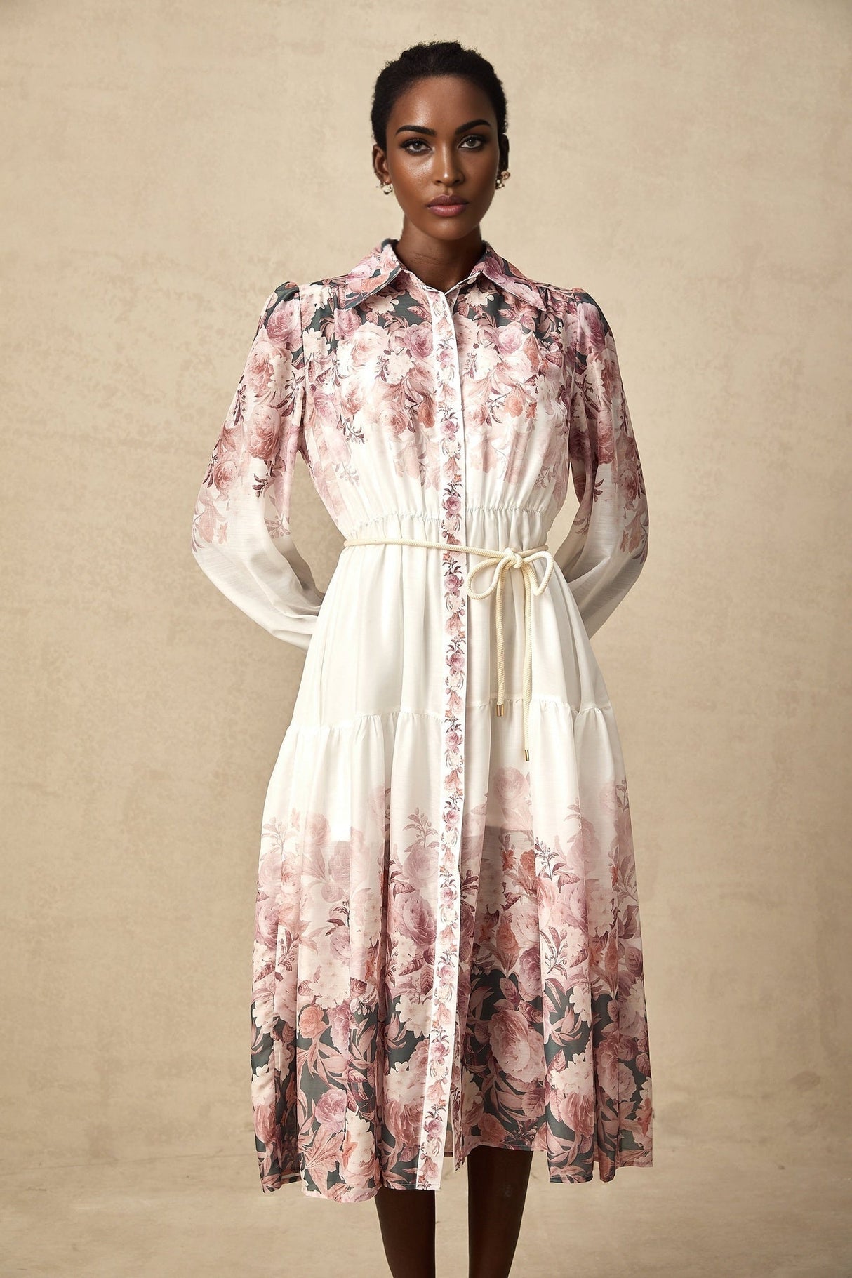 Andrea Floral Midi Dress - Classic Collar - Long Lantern Sleeves - Tied Waist Feature - Single - Breasted Button Fastening
