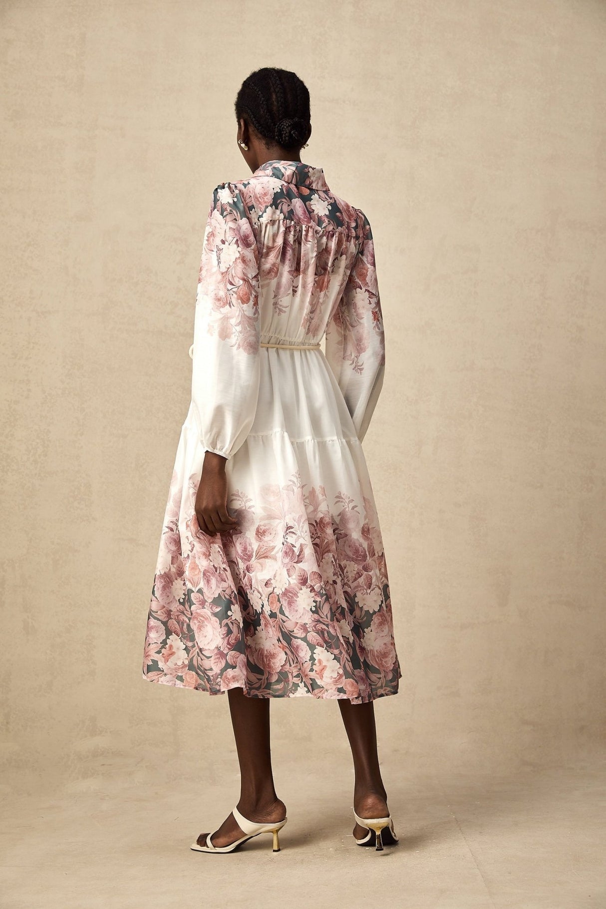 Andrea Floral Midi Dress - Classic Collar - Long Lantern Sleeves - Tied Waist Feature - Single - Breasted Button Fastening