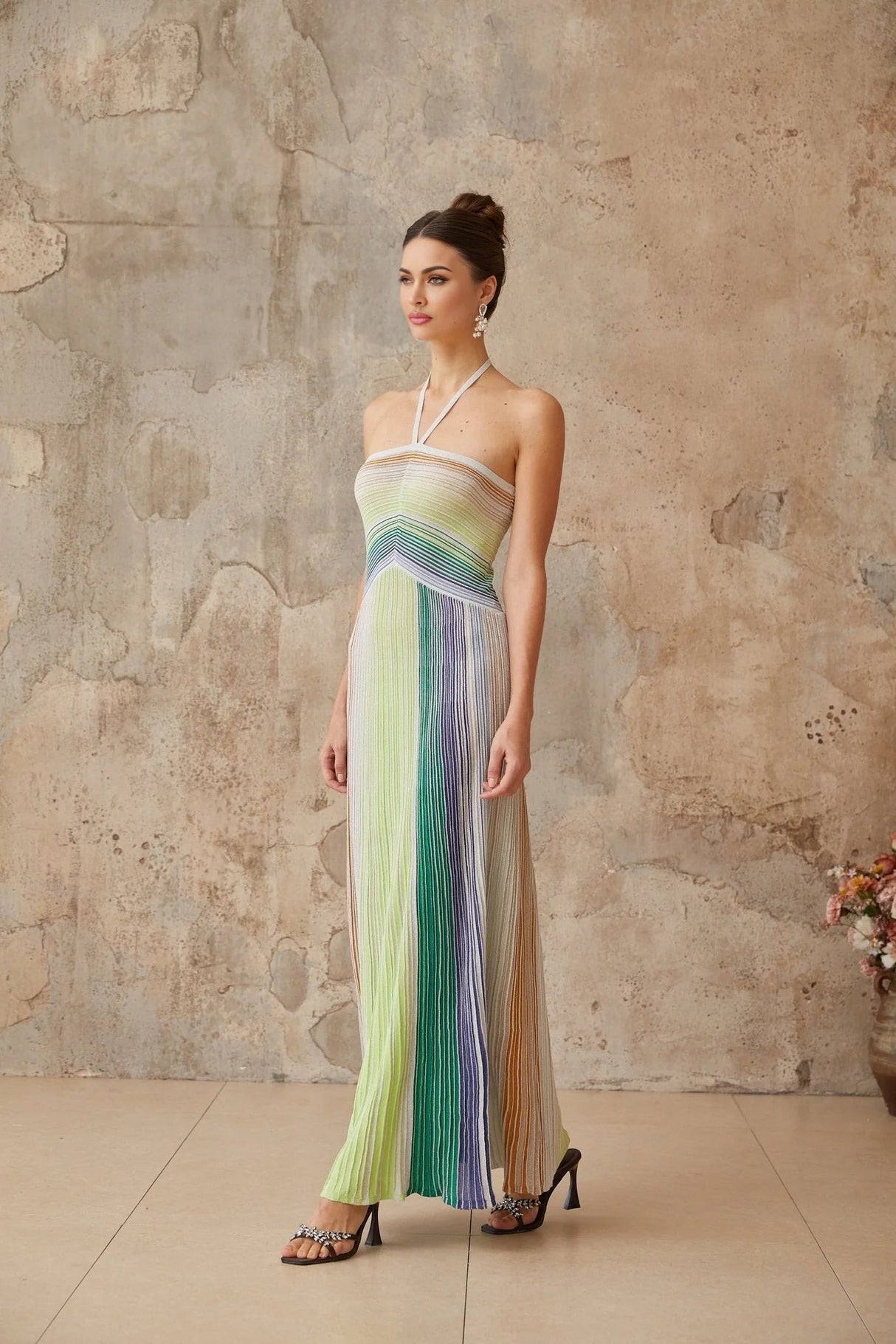 Andrea Maxi Dress Green Striped Glitter Halter - neck Open - back