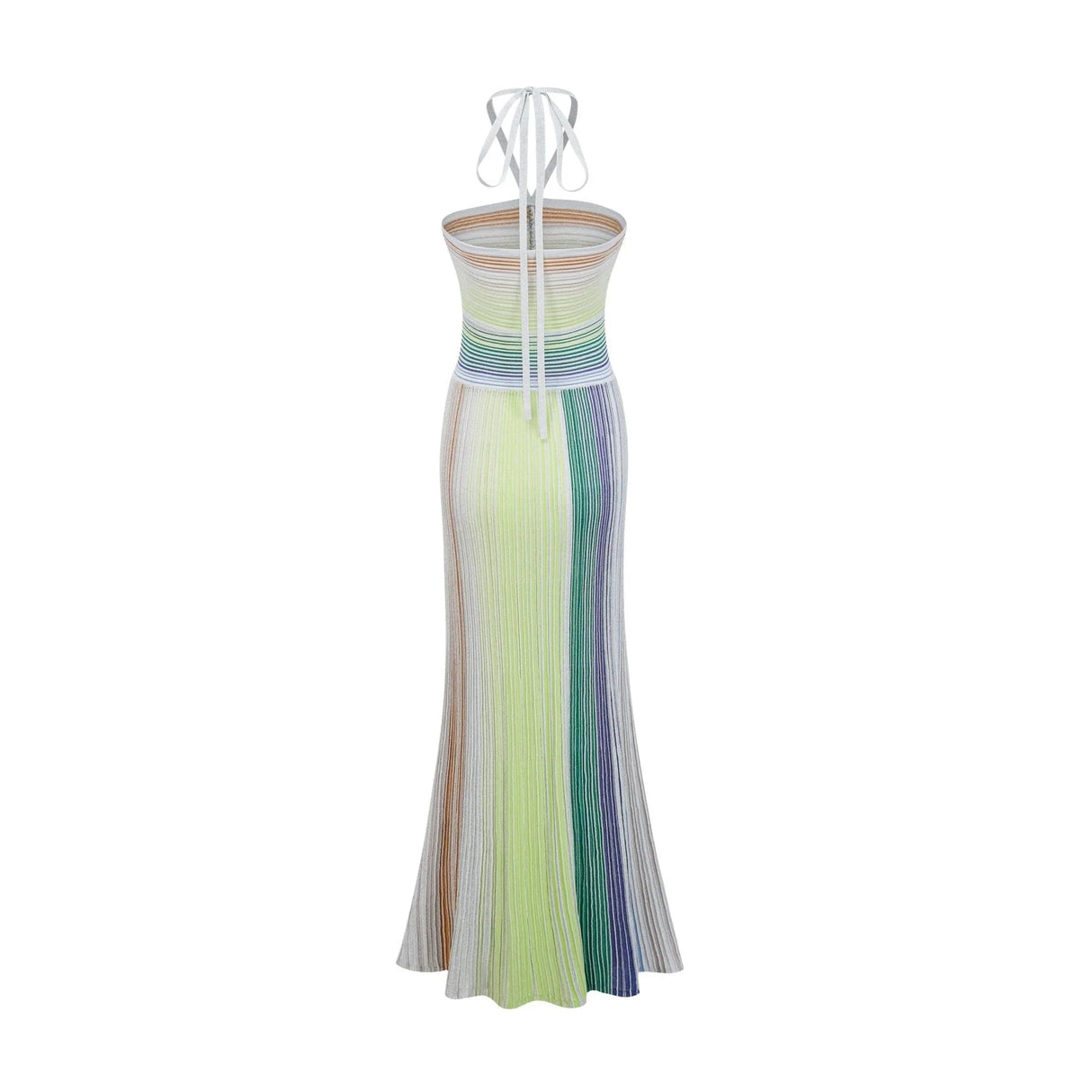Andrea Maxi Dress Green Striped Glitter Halter - neck Open - back