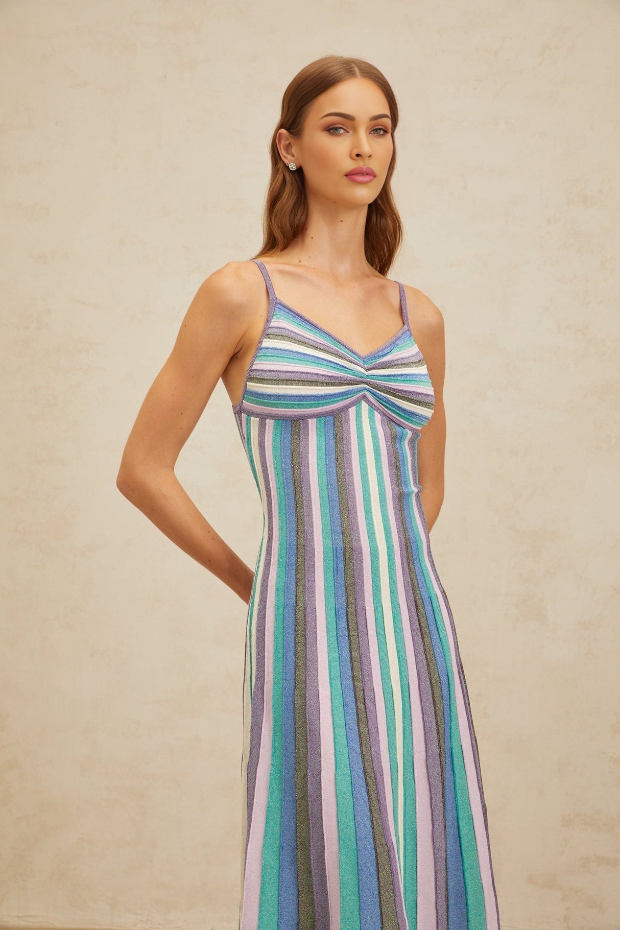 Andrea Midi Dress - V - Neck - Sleeveless - Stripe Pattern - Metallic Threading - Pleated Detailing