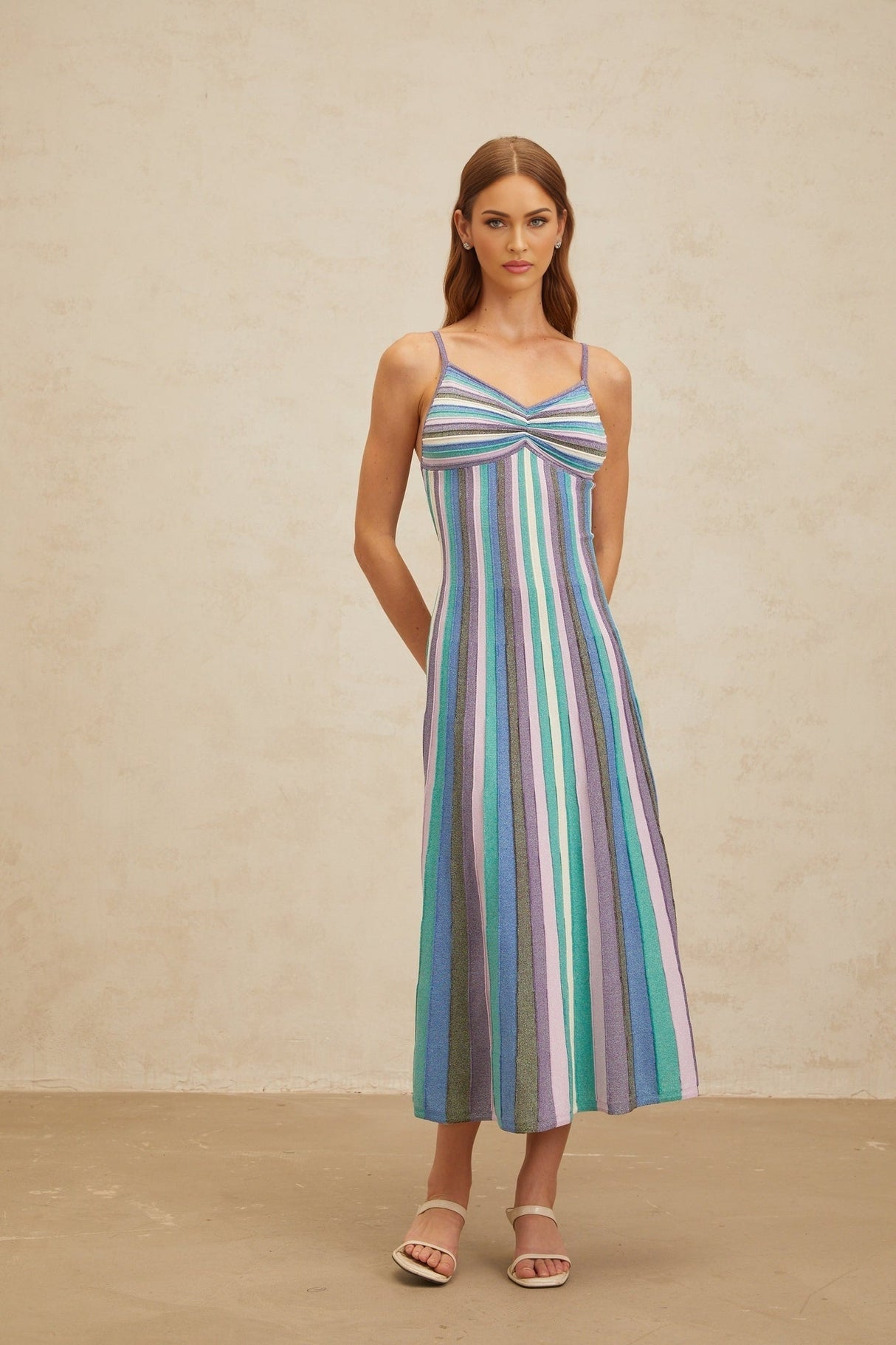 Andrea Midi Dress - V - Neck - Sleeveless - Stripe Pattern - Metallic Threading - Pleated Detailing