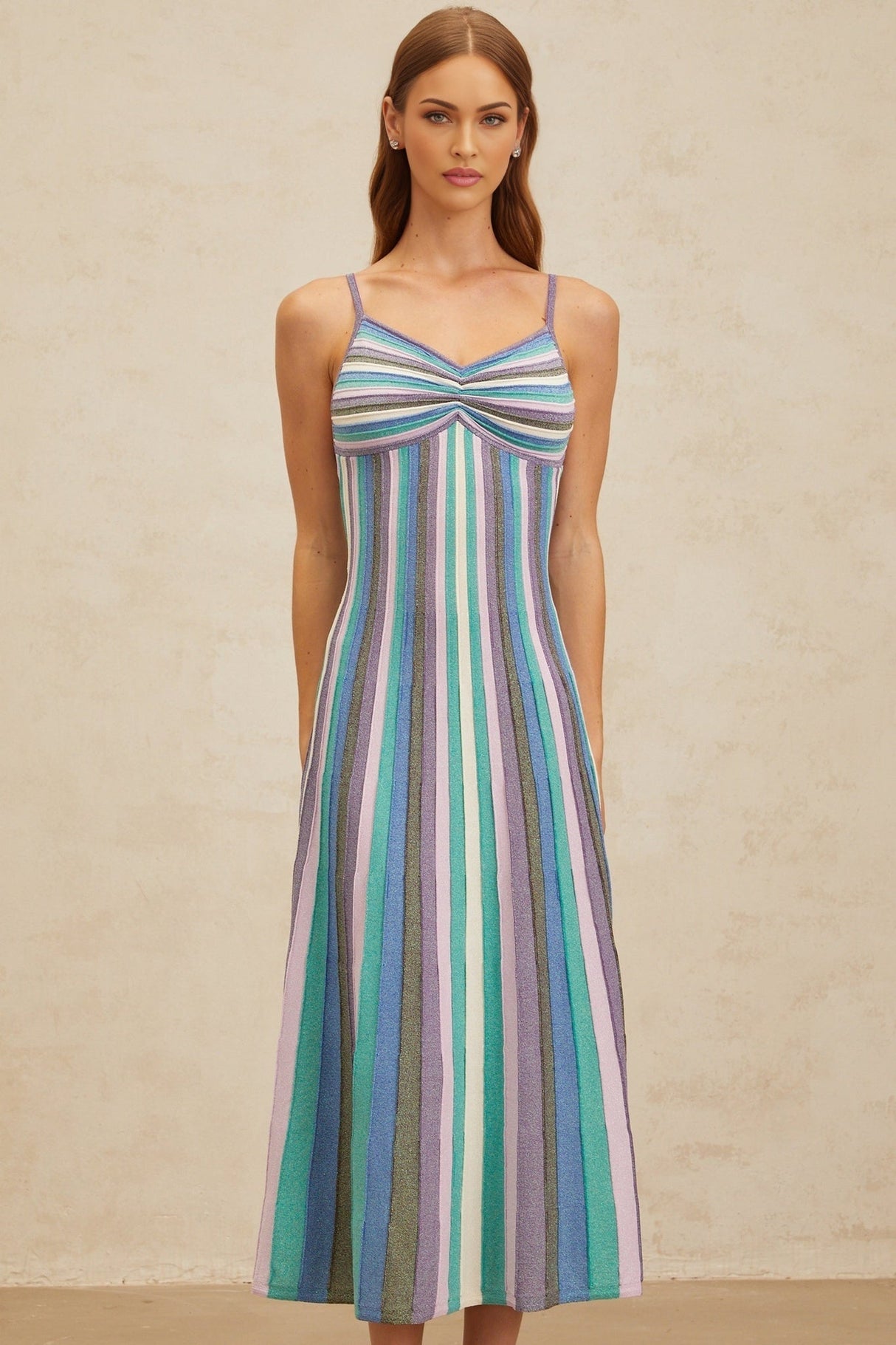 Andrea Midi Dress - V - Neck - Sleeveless - Stripe Pattern - Metallic Threading - Pleated Detailing