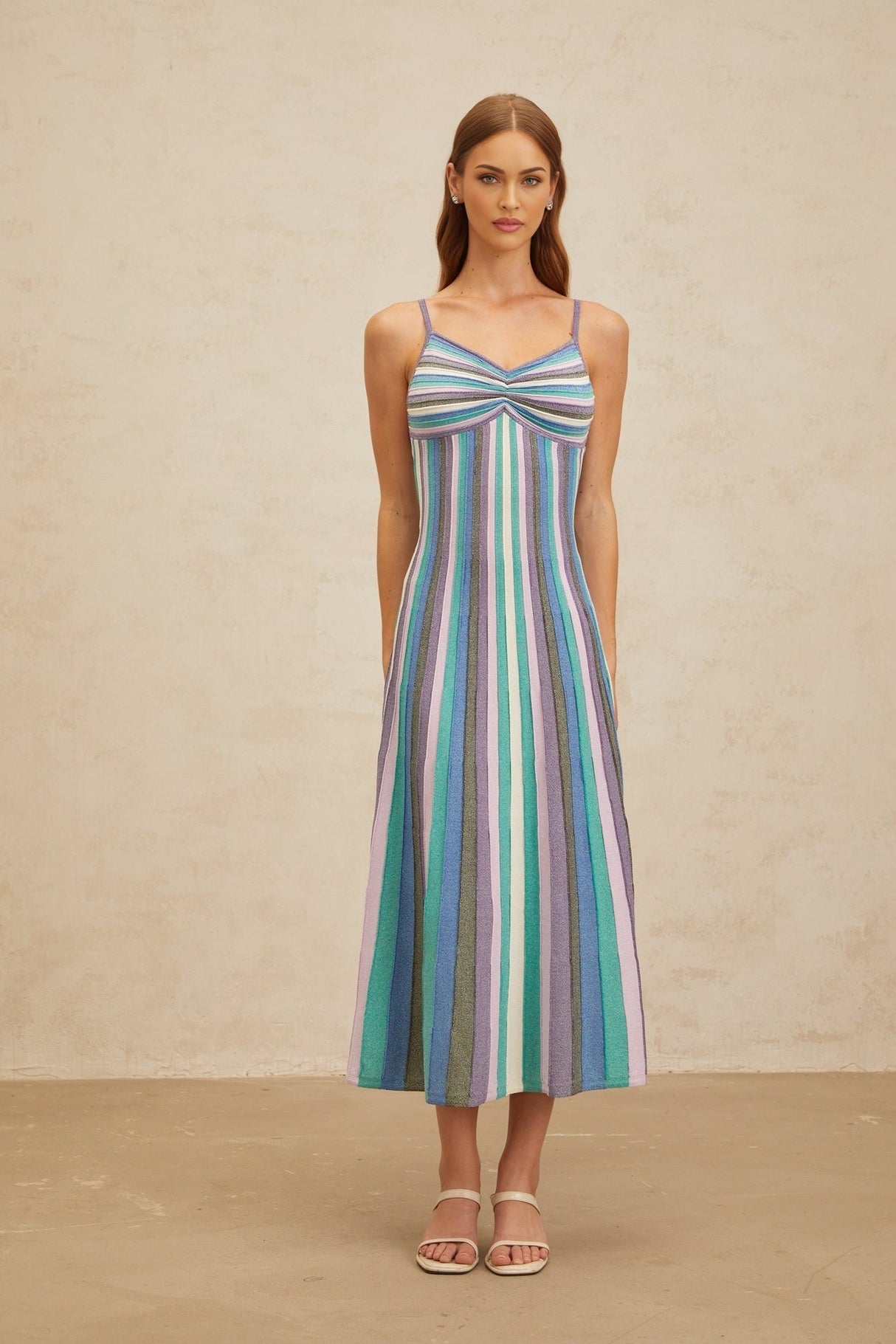 Andrea Midi Dress - V - Neck - Sleeveless - Stripe Pattern - Metallic Threading - Pleated Detailing