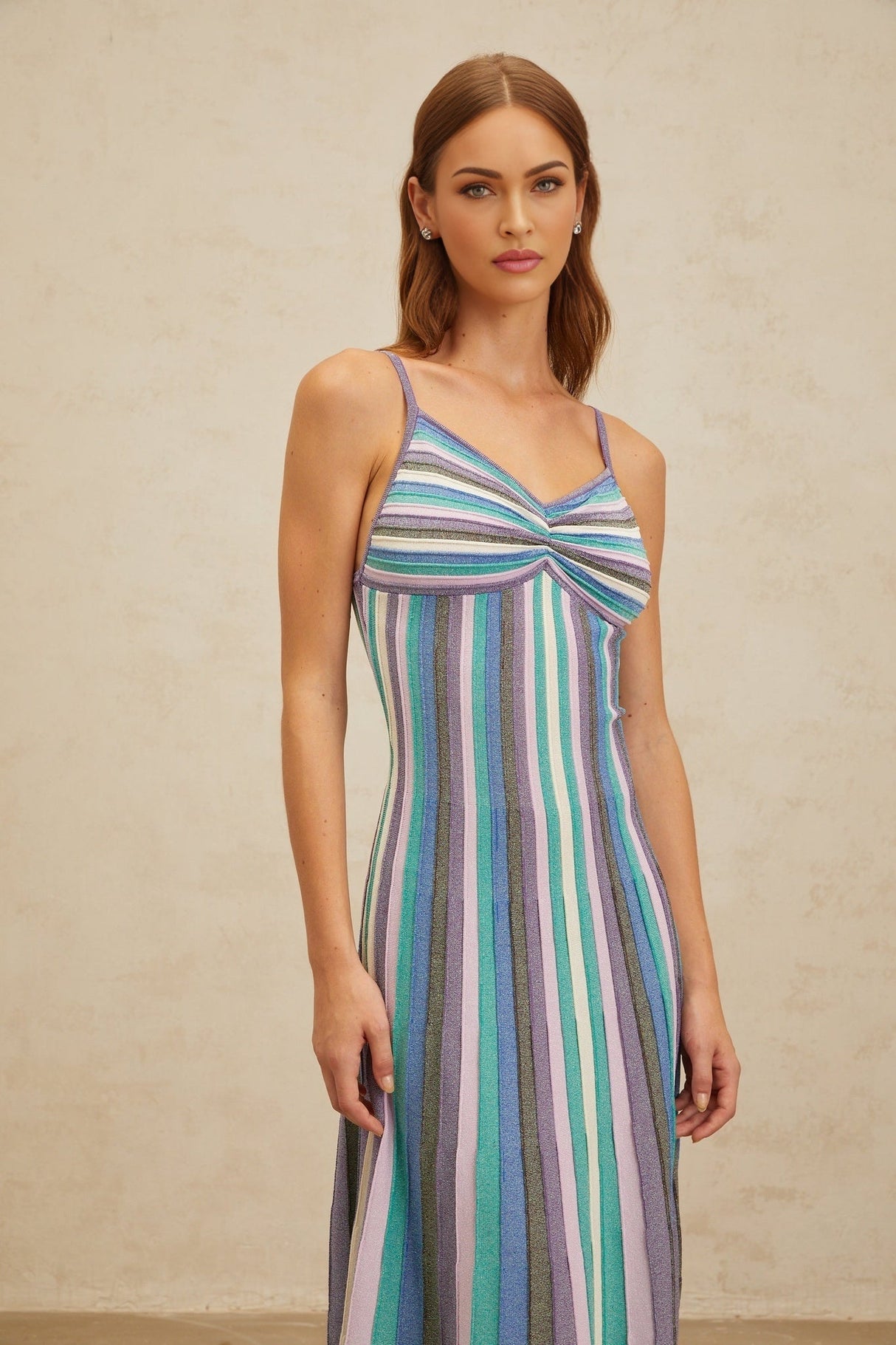 Andrea Midi Dress - V - Neck - Sleeveless - Stripe Pattern - Metallic Threading - Pleated Detailing