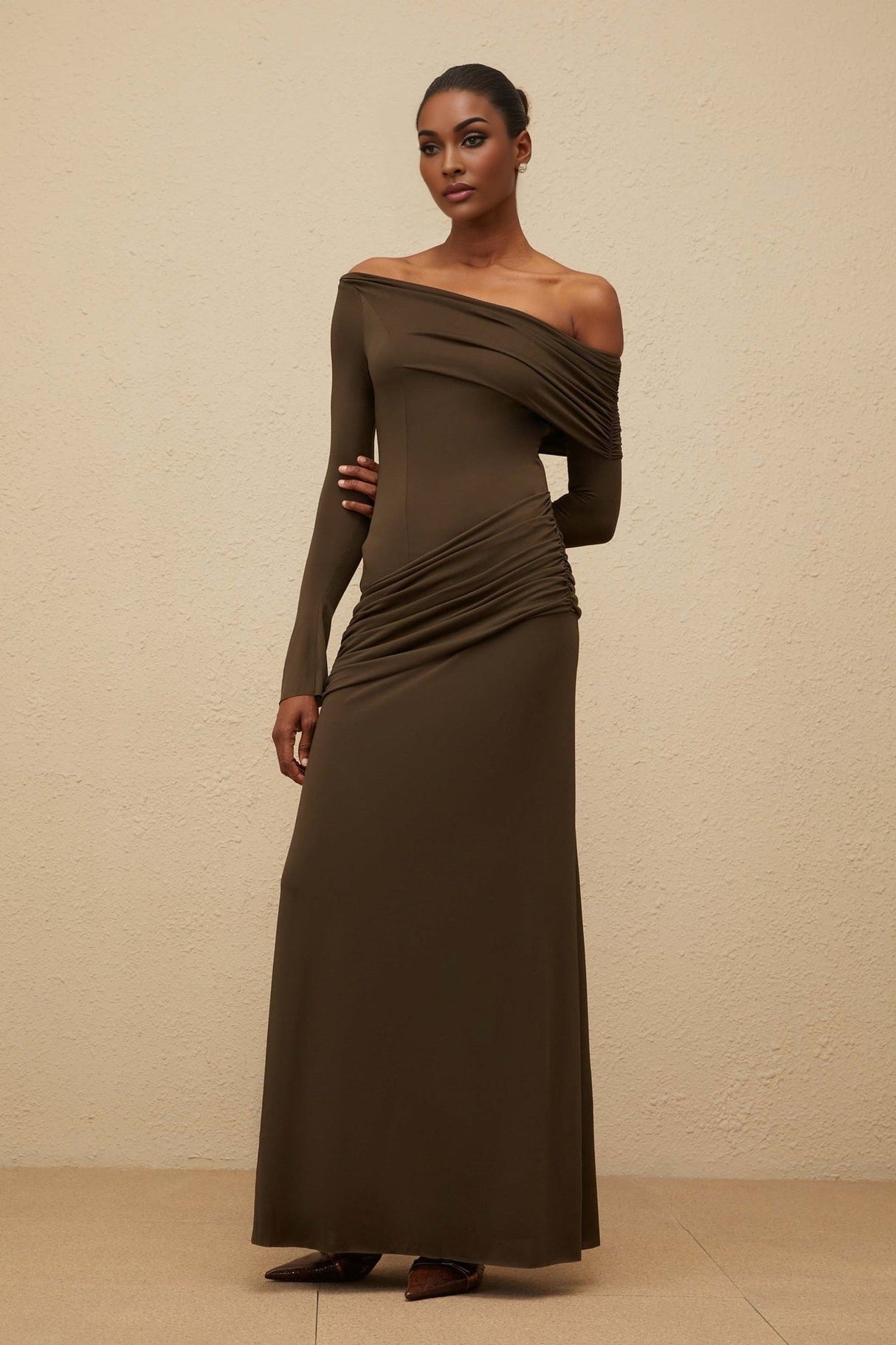 Andromeda Maxi Dress - One Shoulder - Ruched Detail - Stretch Design - Straight Hemline