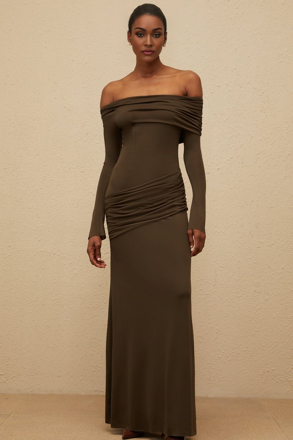 Andromeda Maxi Dress - One Shoulder - Ruched Detail - Stretch Design - Straight Hemline