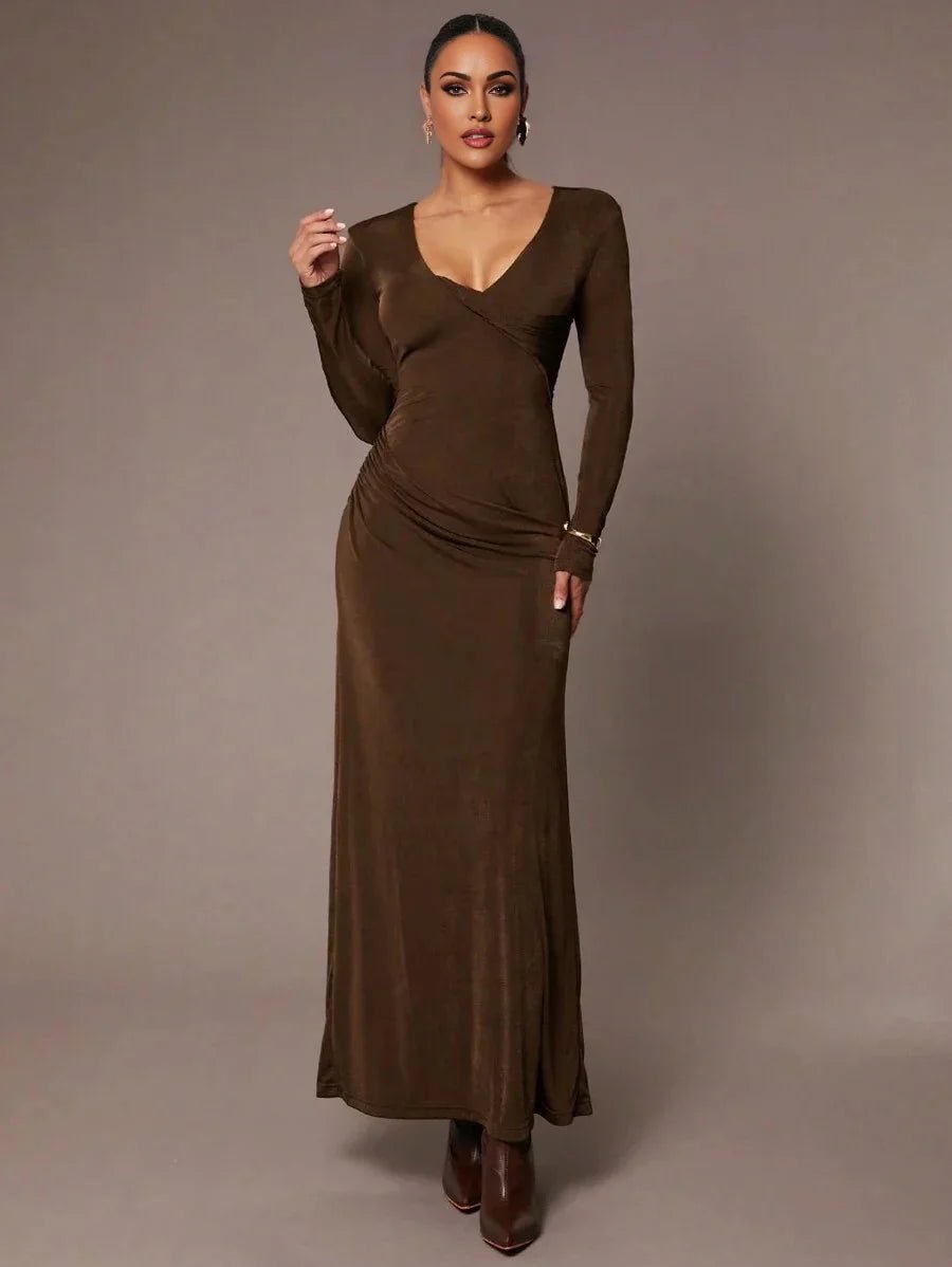 Andromeda Maxi Dress - Refined Style - Slim Fit Type - Mermaid Hem Shape - Ruched, Wrap - Occasion Wedding, Formal & Evening - Long Sleeve Length