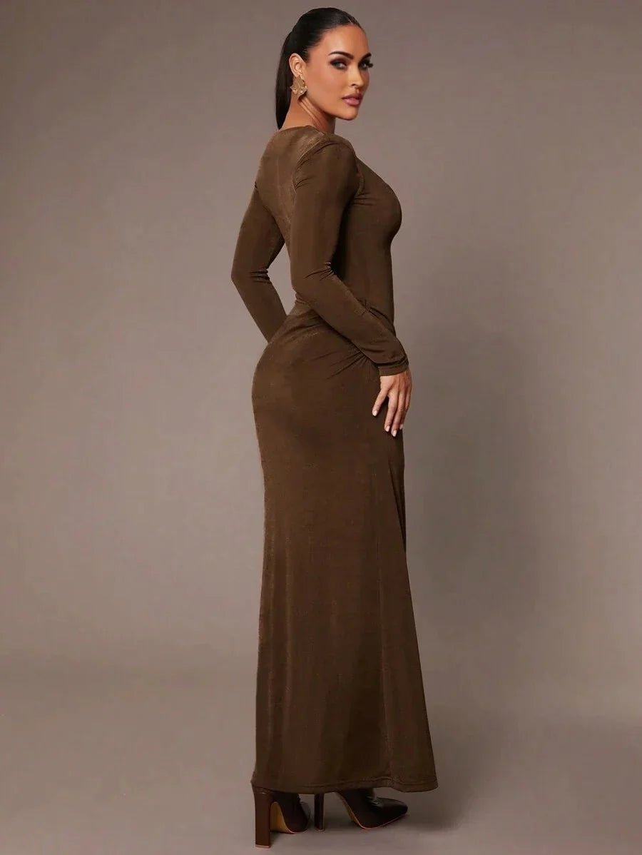 Andromeda Maxi Dress - Refined Style - Slim Fit Type - Mermaid Hem Shape - Ruched, Wrap - Occasion Wedding, Formal & Evening - Long Sleeve Length