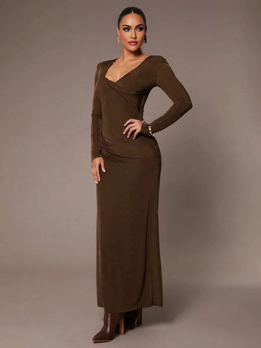Andromeda Maxi Dress - Refined Style - Slim Fit Type - Mermaid Hem Shape - Ruched, Wrap - Occasion Wedding, Formal & Evening - Long Sleeve Length