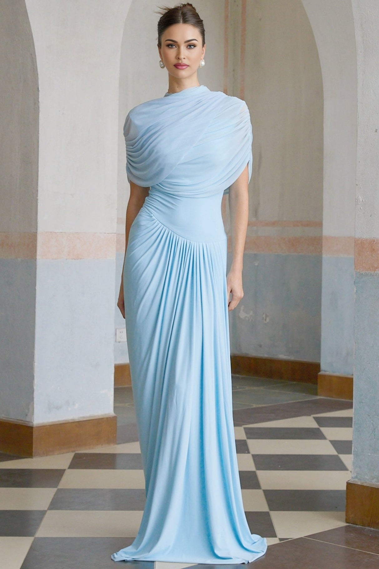 Andromeda Maxi Dress - Sleeveless with Crew Neck - Stylish Shawl Design - Asymmetric Pleated Detailing - Floor - Length Silhouette