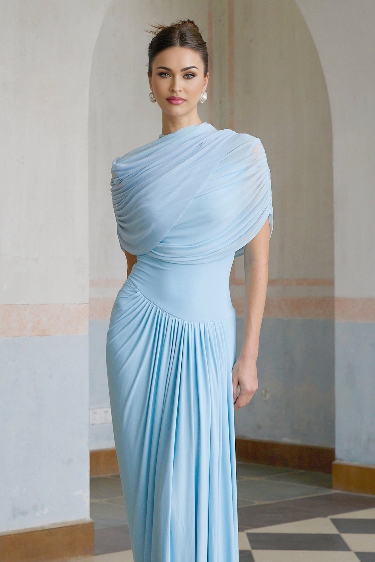 Andromeda Maxi Dress - Sleeveless with Crew Neck - Stylish Shawl Design - Asymmetric Pleated Detailing - Floor - Length Silhouette
