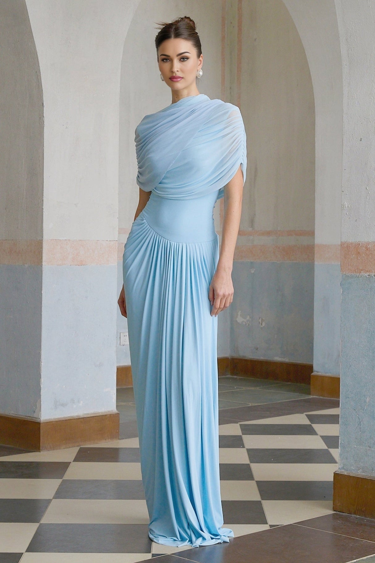 Andromeda Maxi Dress - Sleeveless with Crew Neck - Stylish Shawl Design - Asymmetric Pleated Detailing - Floor - Length Silhouette
