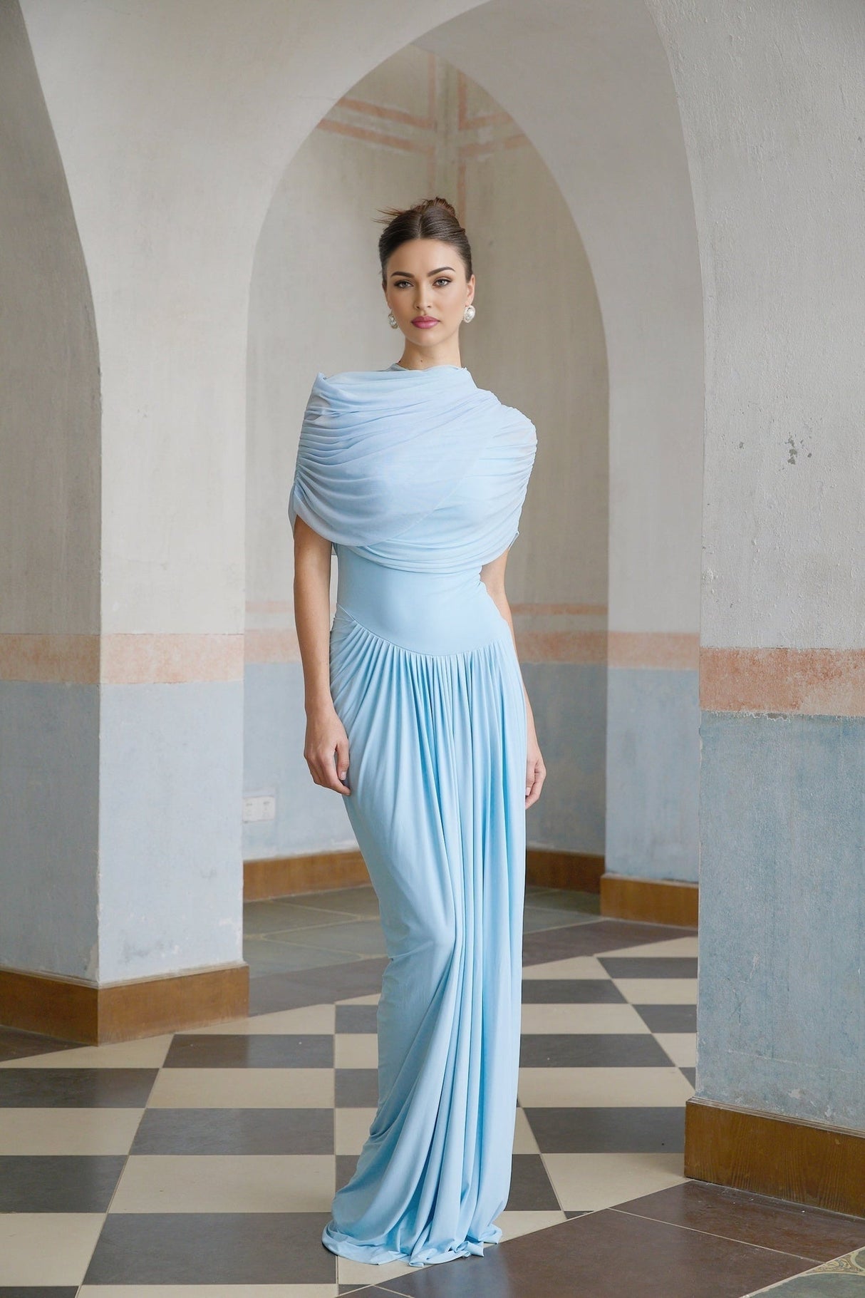 Andromeda Maxi Dress - Sleeveless with Crew Neck - Stylish Shawl Design - Asymmetric Pleated Detailing - Floor - Length Silhouette