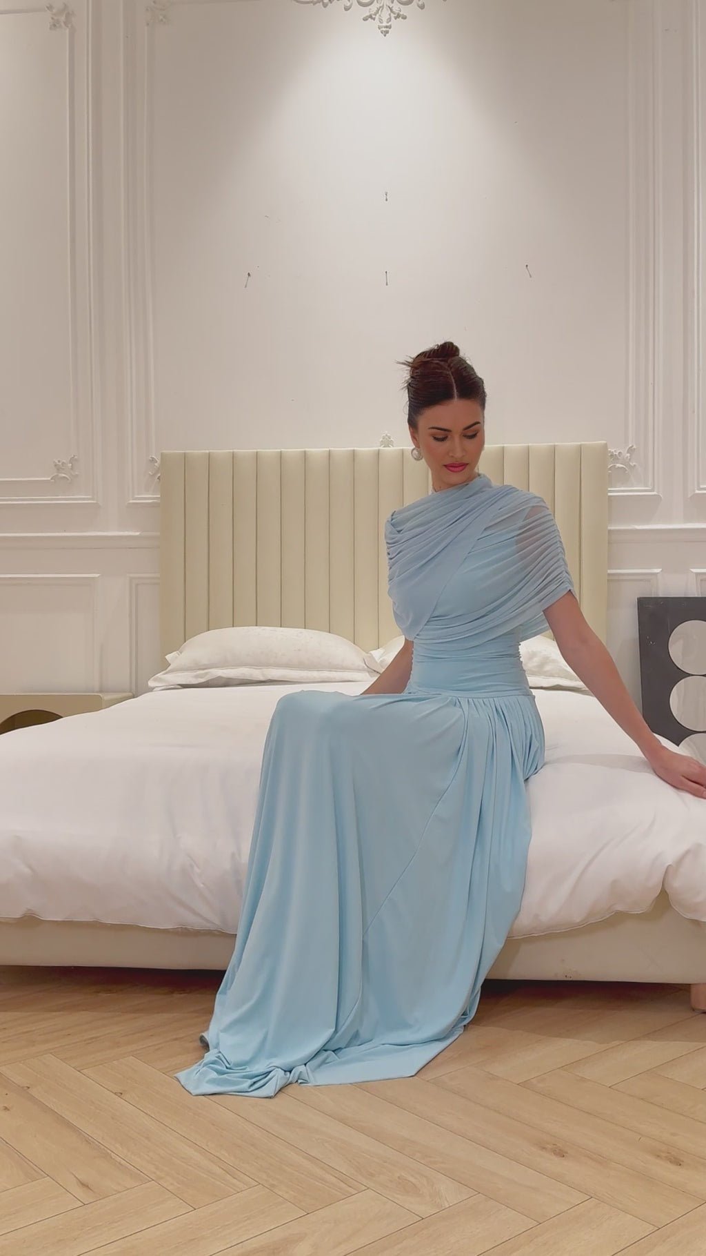 Andromeda Maxi Dress - Sleeveless with Crew Neck - Stylish Shawl Design - Asymmetric Pleated Detailing - Floor - Length Silhouette