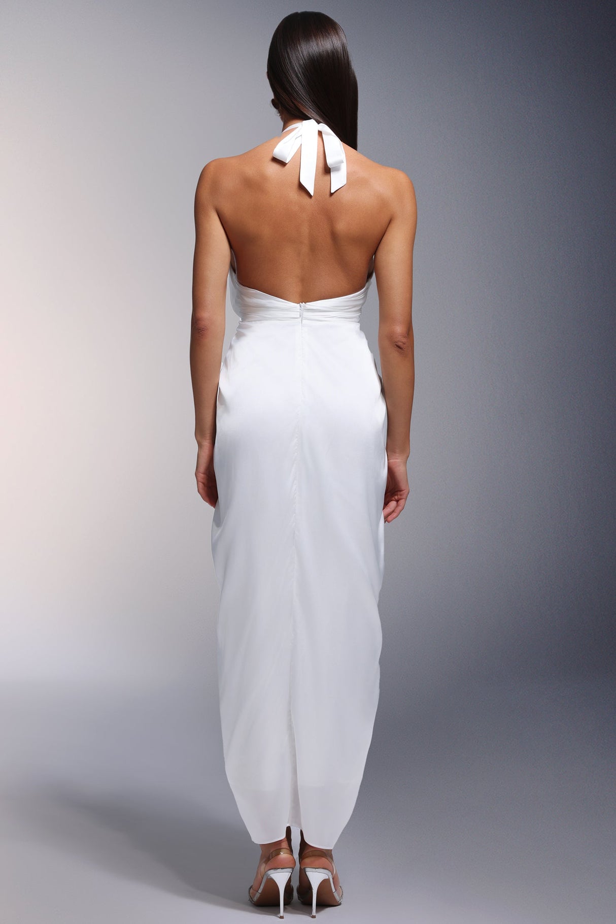 Andromeda White Maxi Dress Deep-V Halter Neckline Flower Detailing Graceful Silhouette Lightweight Feel Elegant Sophisticated Formal Event Wedding Garden Party