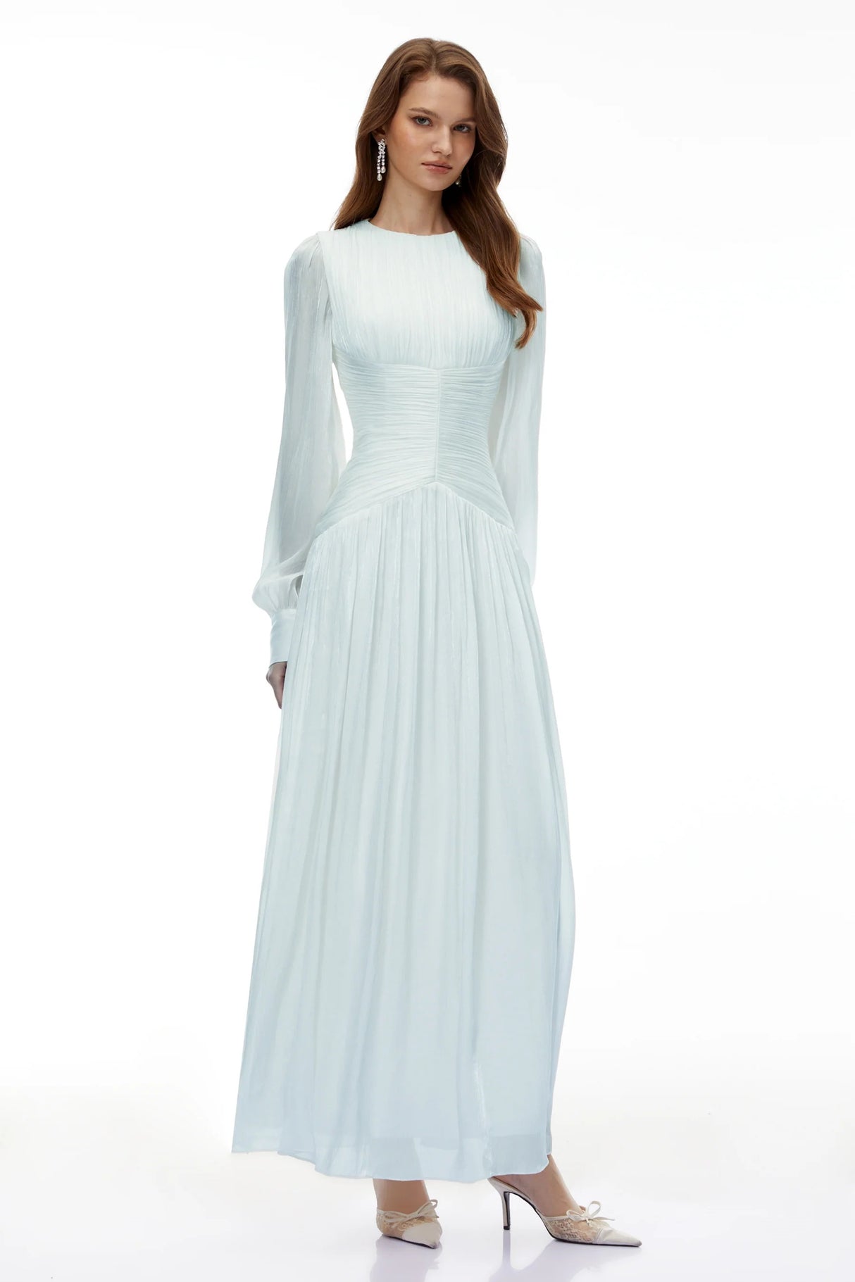 Aneka Green High Neck Glossy Ruched Maxi Dress