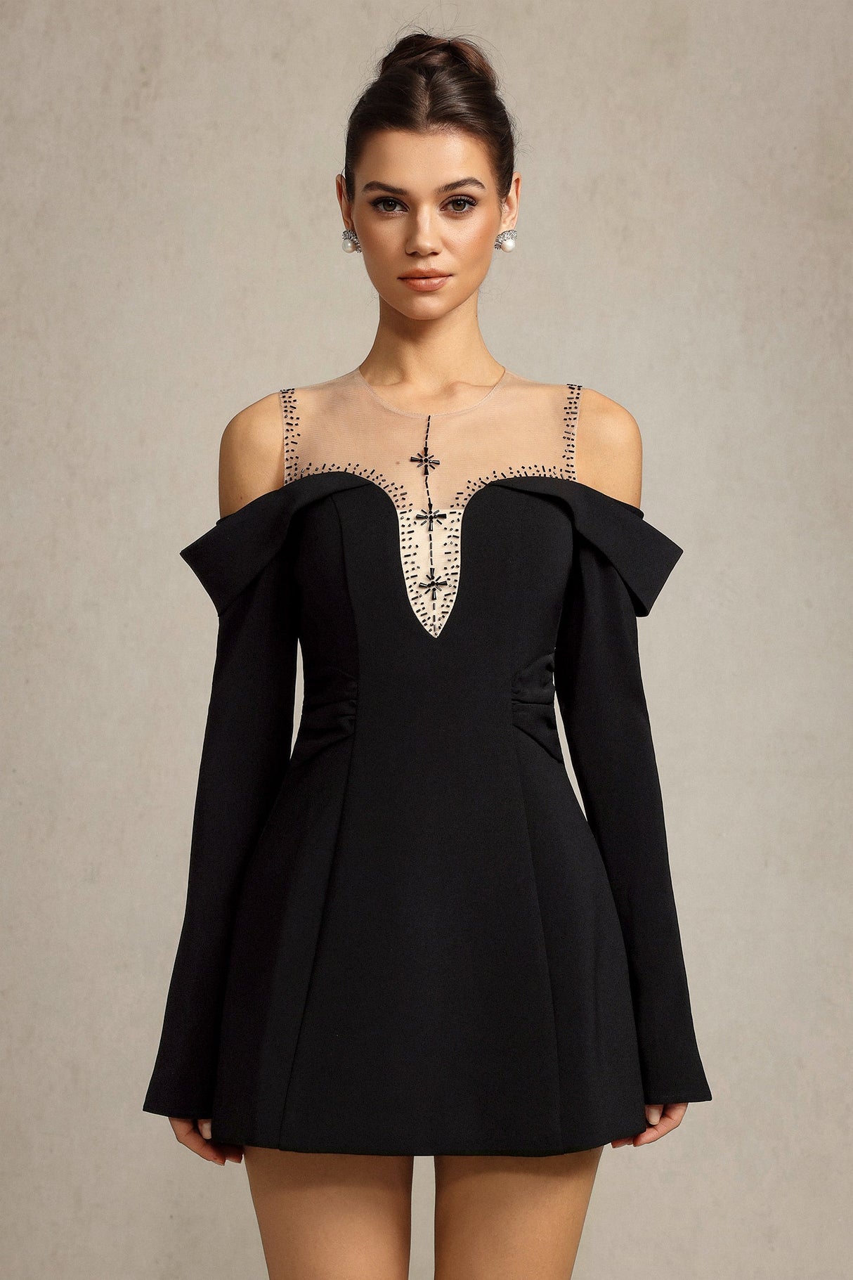 Angel Black Off-Shoulder Bell Sleeve Evening Dress