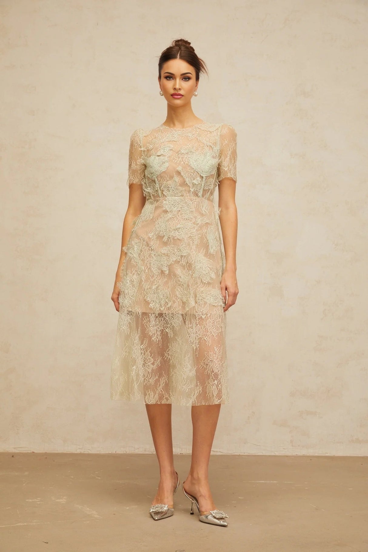 Angel Midi Dress Mint - Green Floral - Lace & Boned Bodice