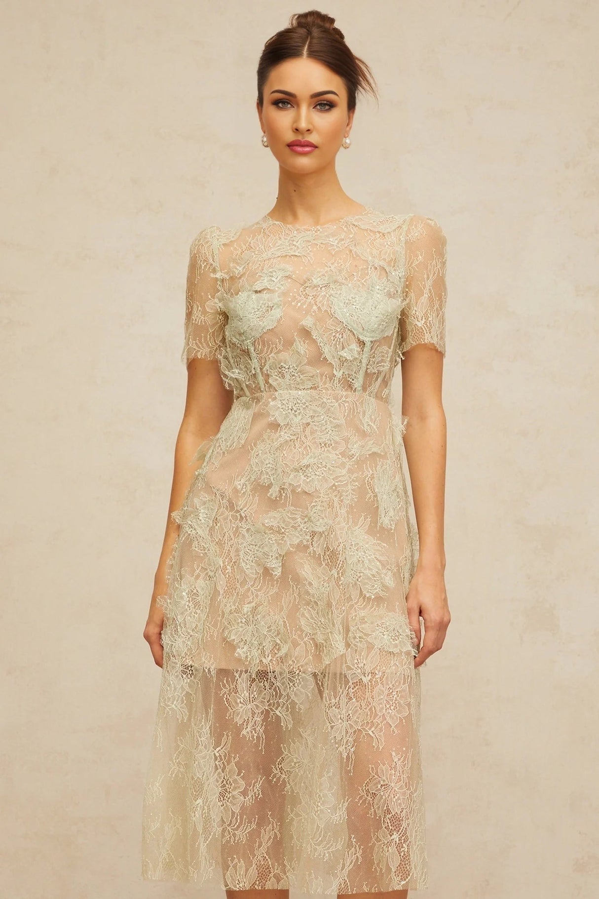 Angel Midi Dress Mint - Green Floral - Lace & Boned Bodice