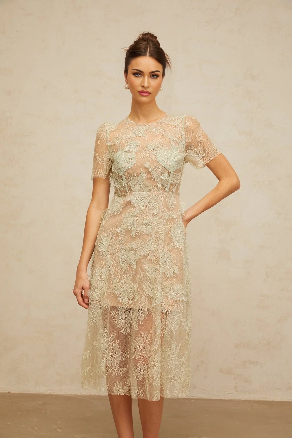 Angel Midi Dress Mint - Green Floral - Lace & Boned Bodice