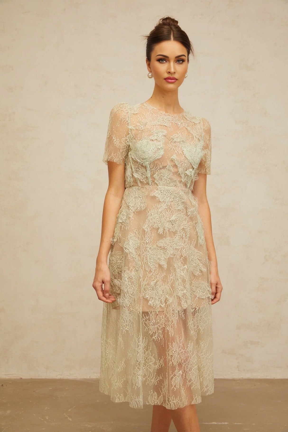 Angel Midi Dress Mint - Green Floral - Lace & Boned Bodice