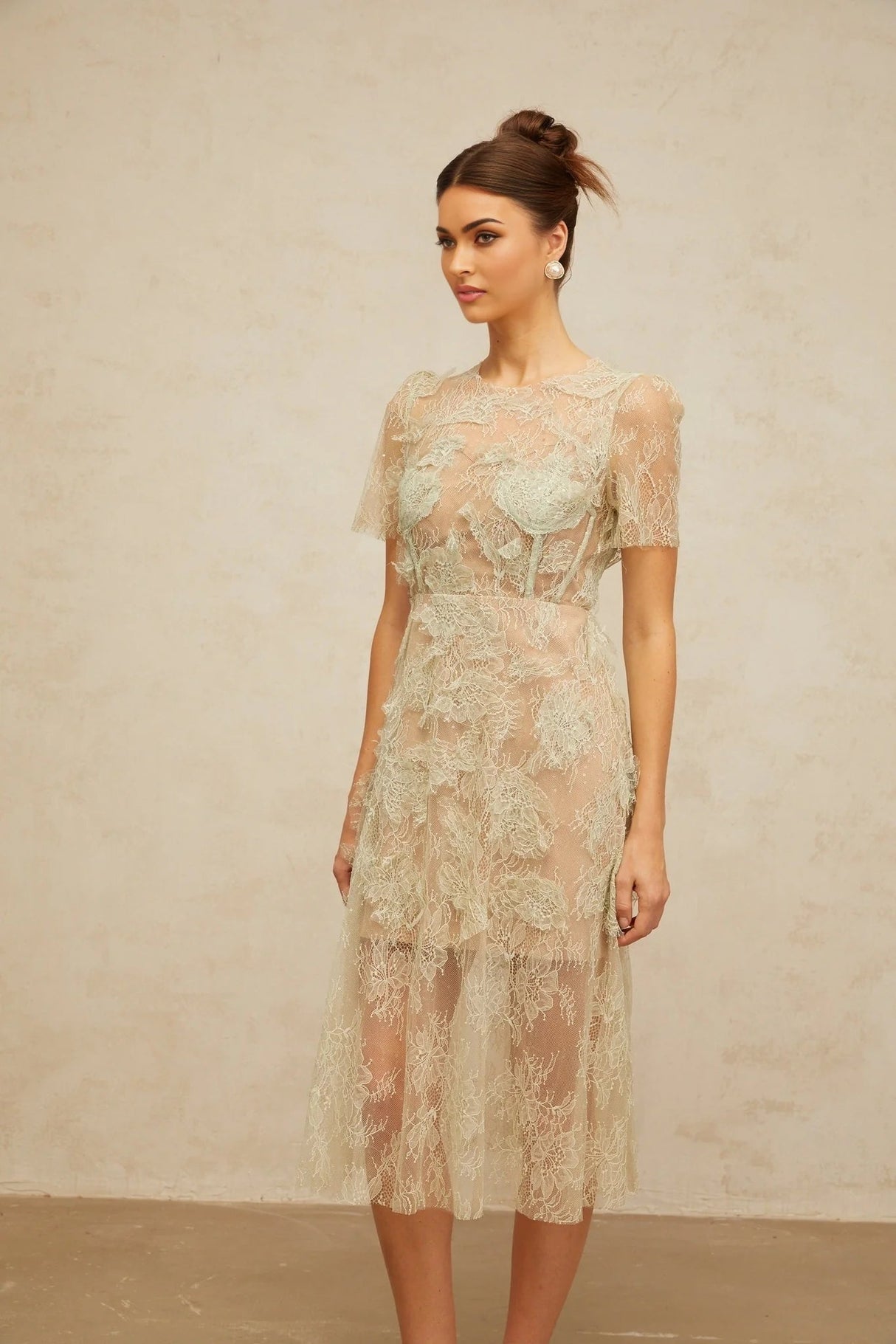 Angel Midi Dress Mint - Green Floral - Lace & Boned Bodice