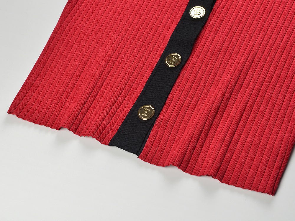 Angel V - Neck Ribbed Dress - Button - Down with Gold Buttons - Patch Pockets