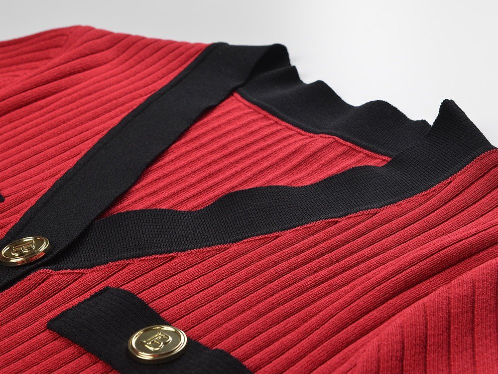 Angel V - Neck Ribbed Dress - Button - Down with Gold Buttons - Patch Pockets