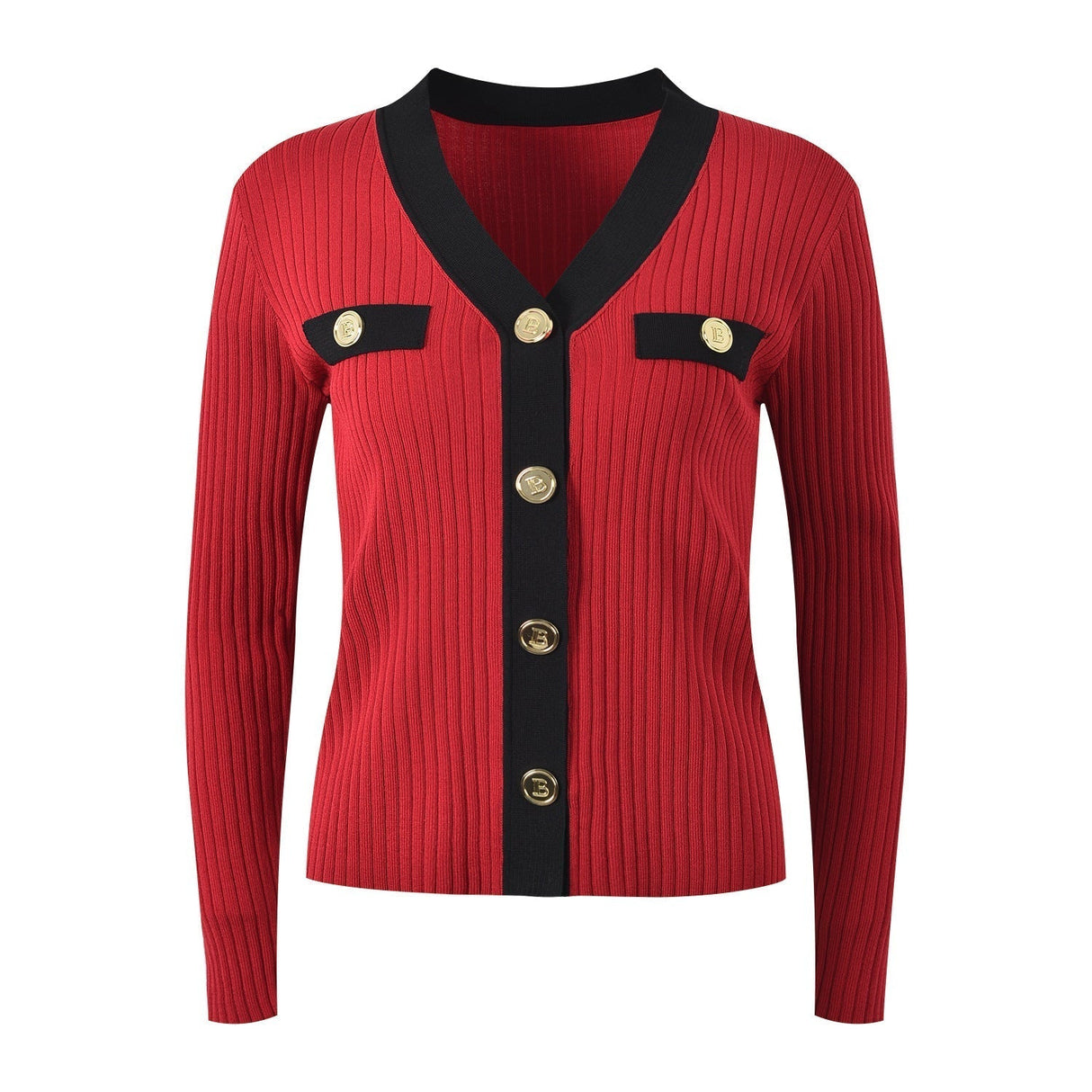 Angel V - Neck Ribbed Dress - Button - Down with Gold Buttons - Patch Pockets