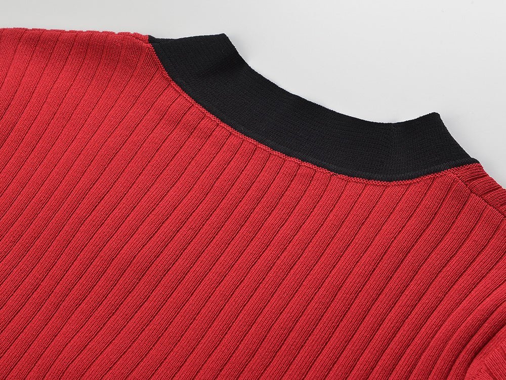 Angel V - Neck Ribbed Dress - Button - Down with Gold Buttons - Patch Pockets