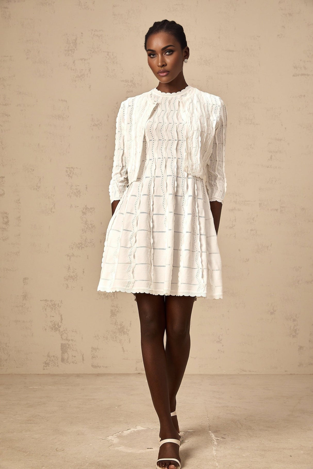 Angela Knitted Cardigan - Crew Neck - Long Sleeves - Ruffled Detailing - Scallop Hem