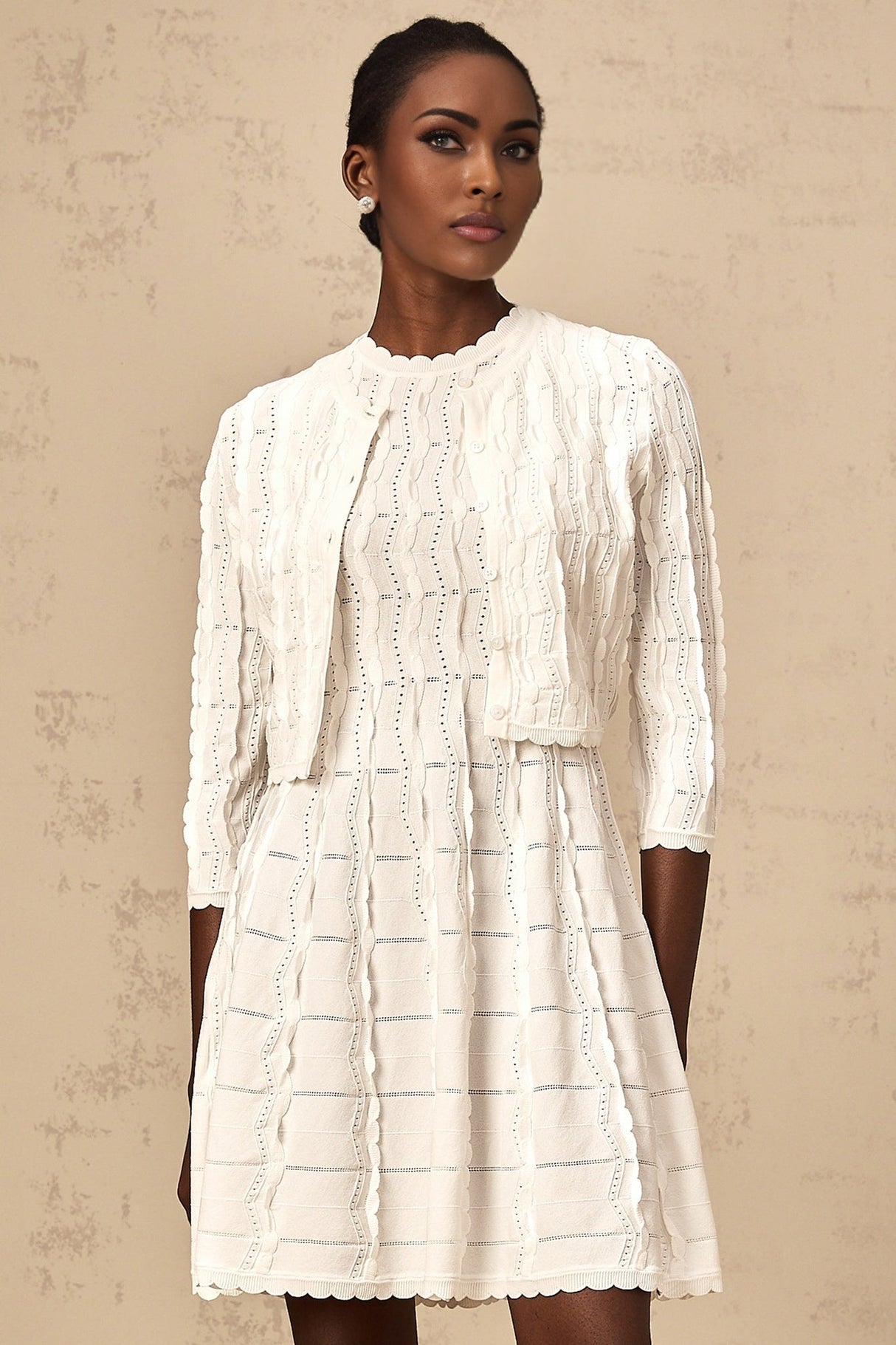 Angela Knitted Cardigan - Crew Neck - Long Sleeves - Ruffled Detailing - Scallop Hem