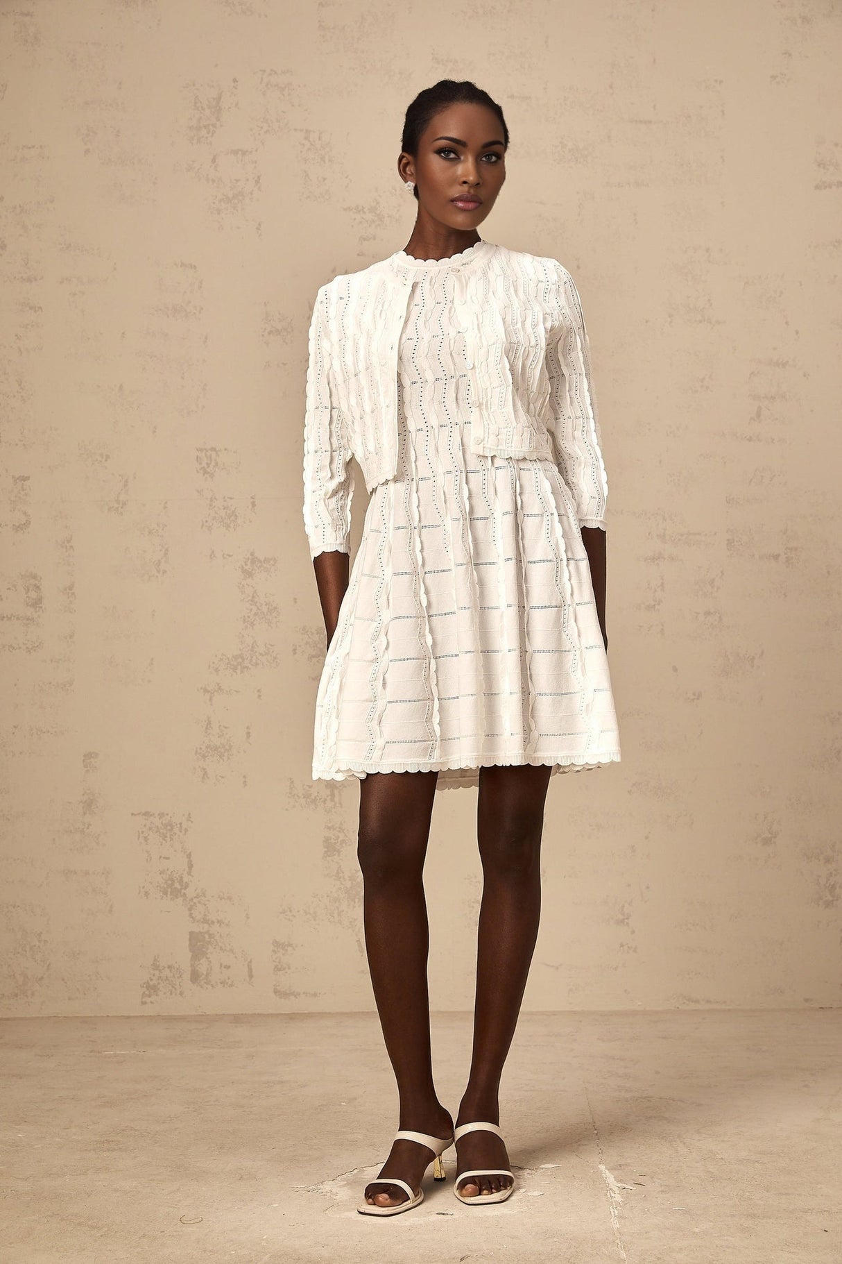 Angela Knitted Cardigan - Crew Neck - Long Sleeves - Ruffled Detailing - Scallop Hem