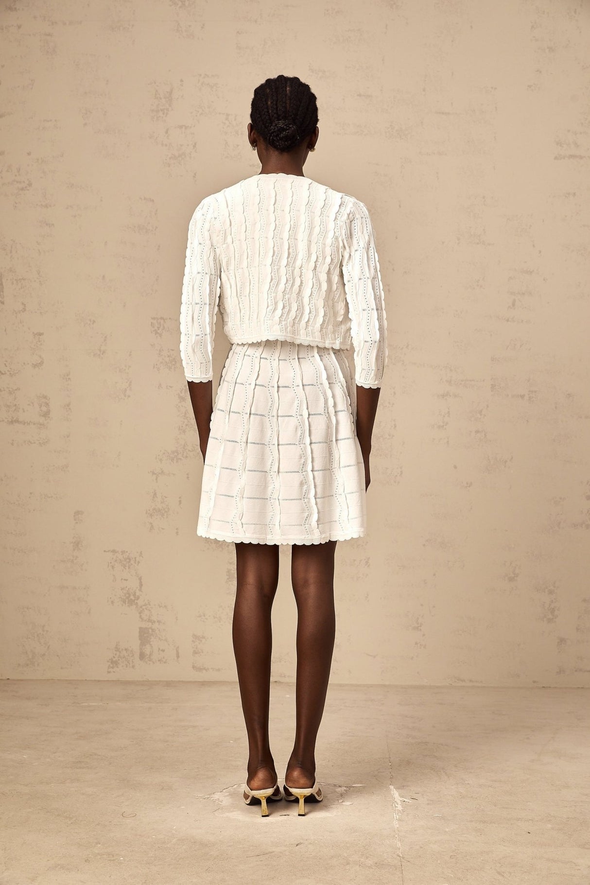 Angela Knitted Cardigan - Crew Neck - Long Sleeves - Ruffled Detailing - Scallop Hem