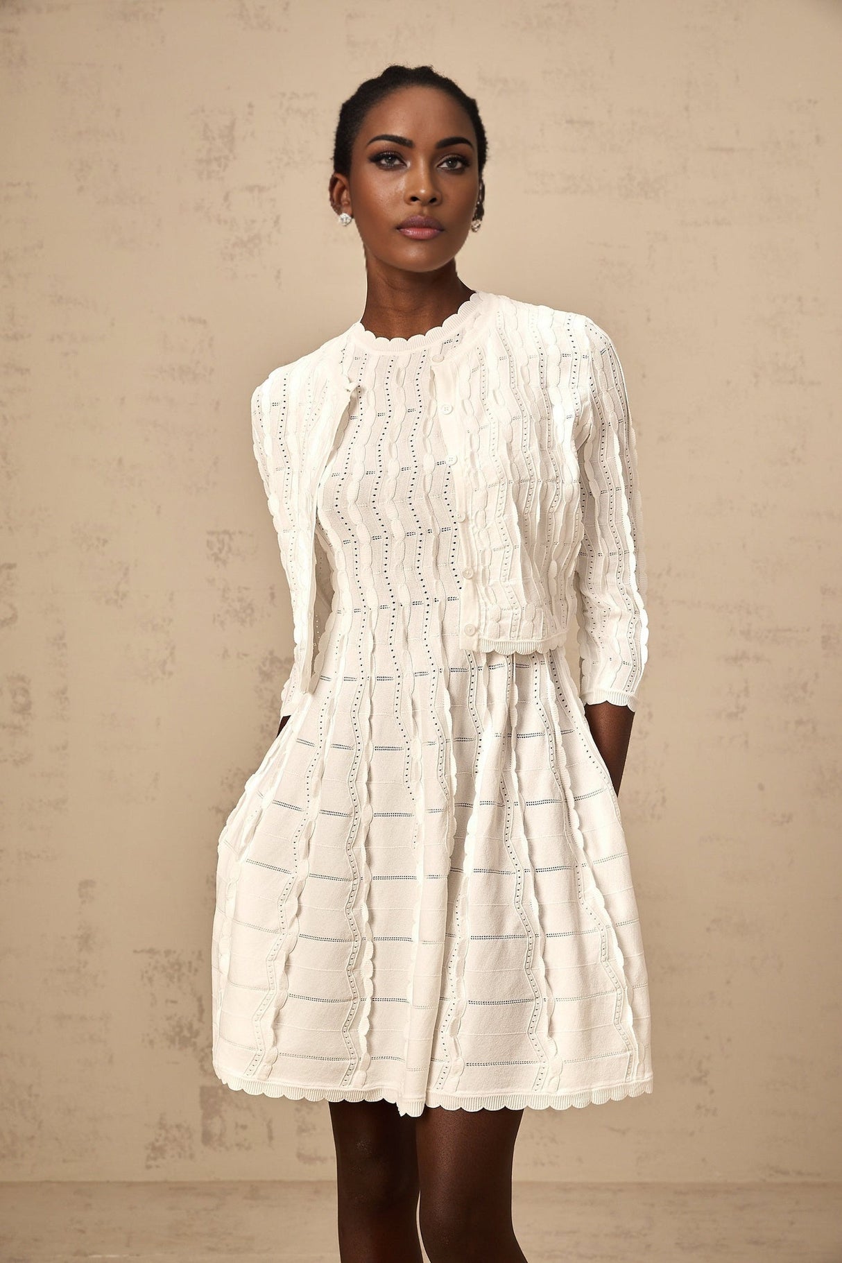 Angela Knitted Cardigan - Crew Neck - Long Sleeves - Ruffled Detailing - Scallop Hem