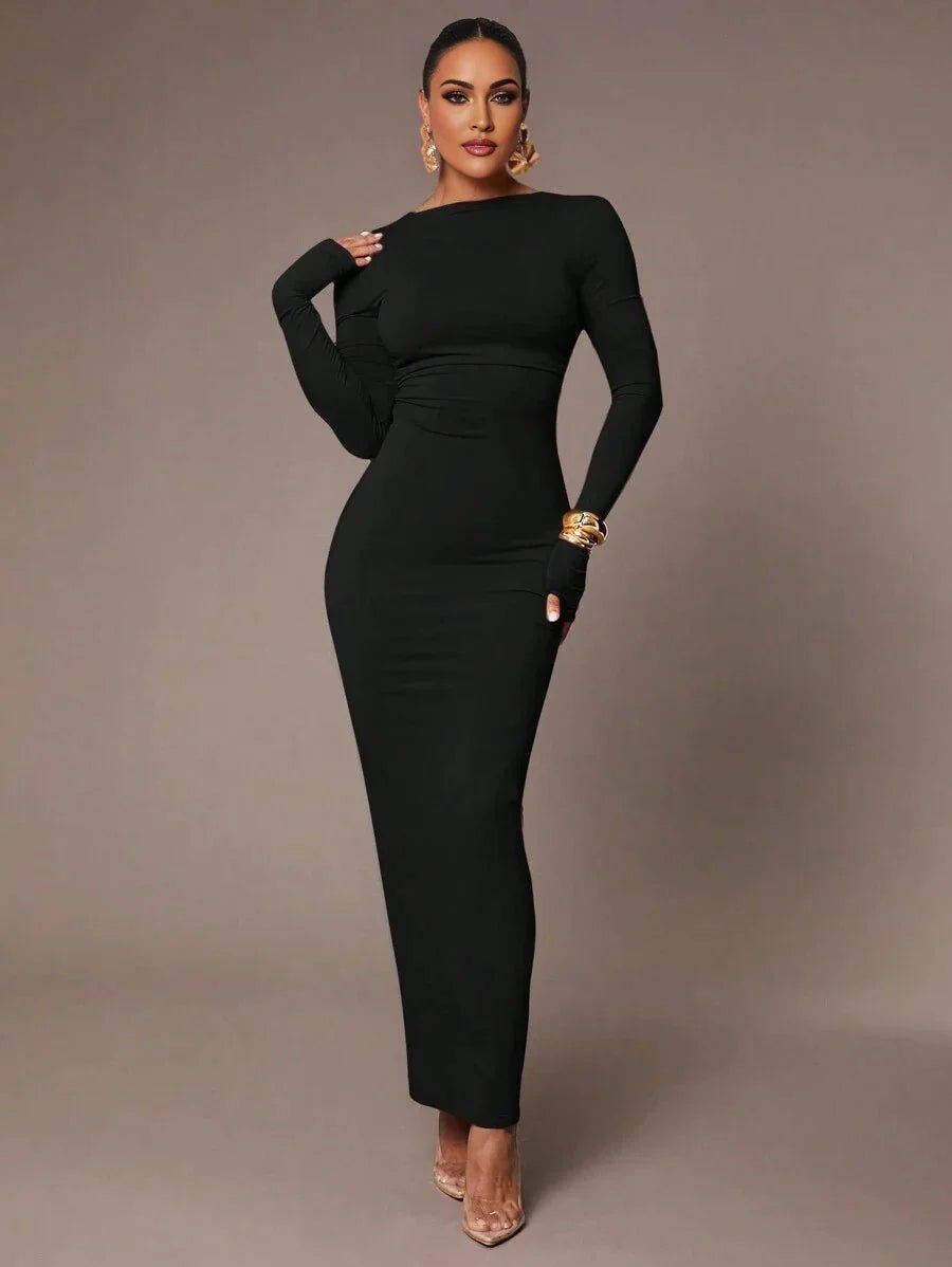Angela Maxi Dress - Refined Style - Slim Fit Type - High Stretch Fabric Elasticity - Long Sleeve Length - Backless - Boat Neckline