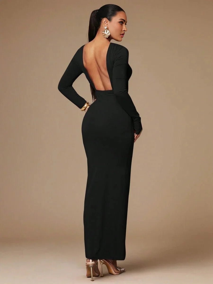 Angela Maxi Dress - Refined Style - Slim Fit Type - High Stretch Fabric Elasticity - Long Sleeve Length - Backless - Boat Neckline