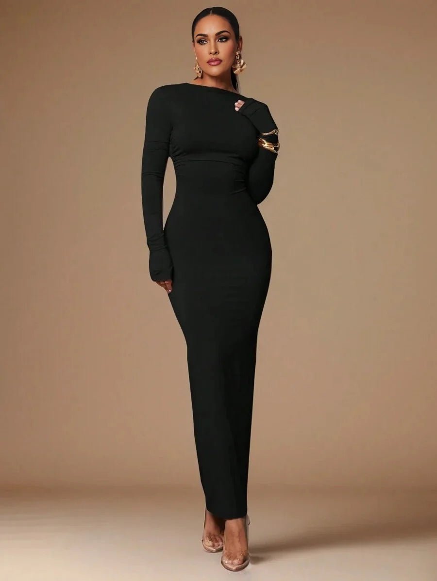 Angela Maxi Dress - Refined Style - Slim Fit Type - High Stretch Fabric Elasticity - Long Sleeve Length - Backless - Boat Neckline