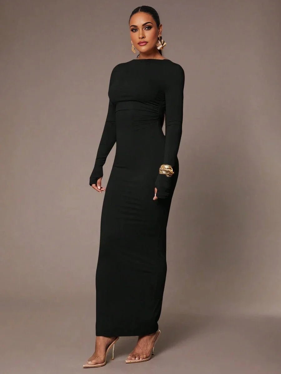 Angela Maxi Dress - Refined Style - Slim Fit Type - High Stretch Fabric Elasticity - Long Sleeve Length - Backless - Boat Neckline