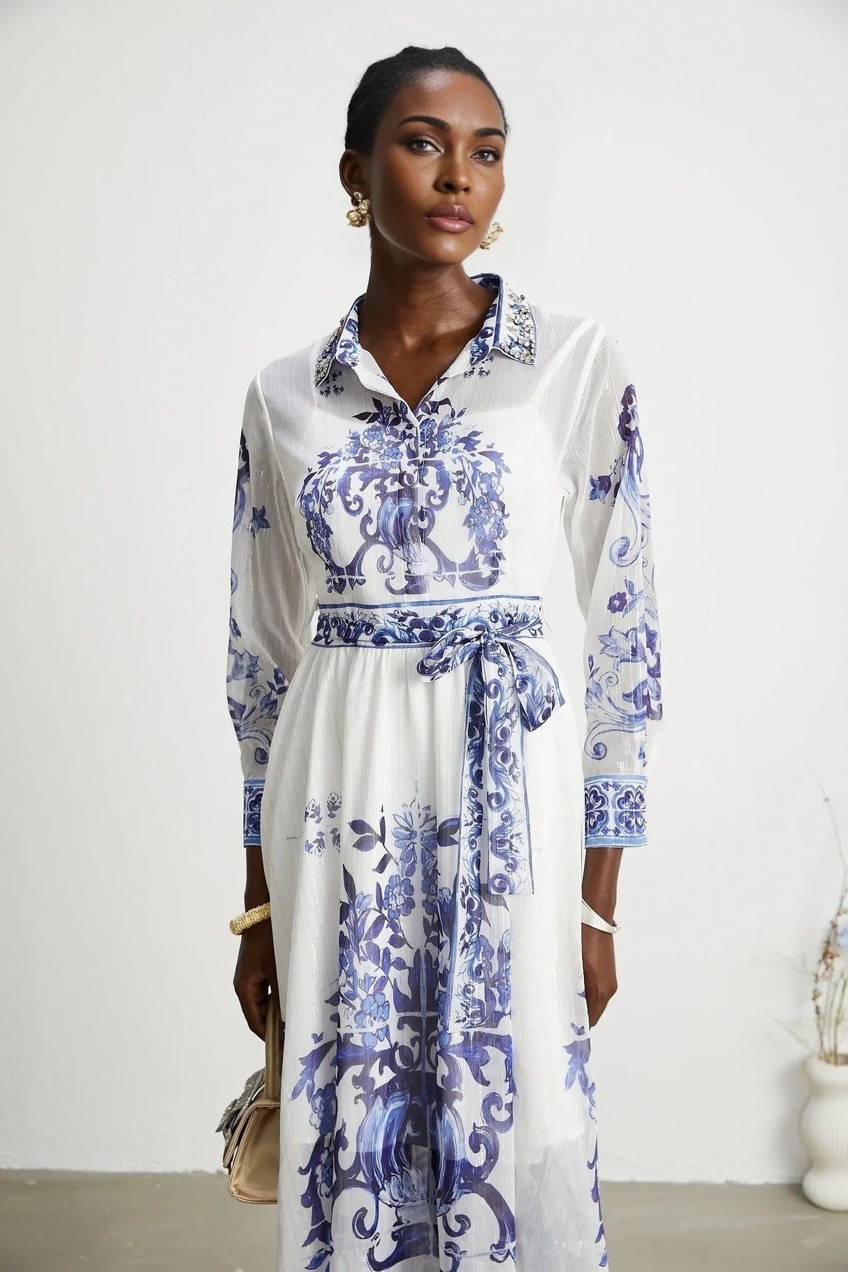 Angela Midi Dress - Long Sleeve Tulle Design - Pattern - Cinched Waist