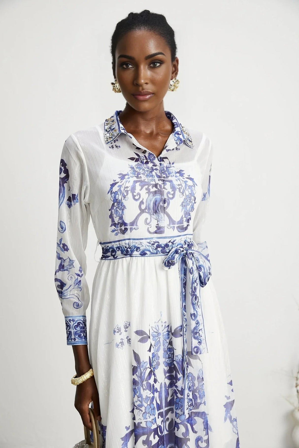 Angela Midi Dress - Long Sleeve Tulle Design - Pattern - Cinched Waist