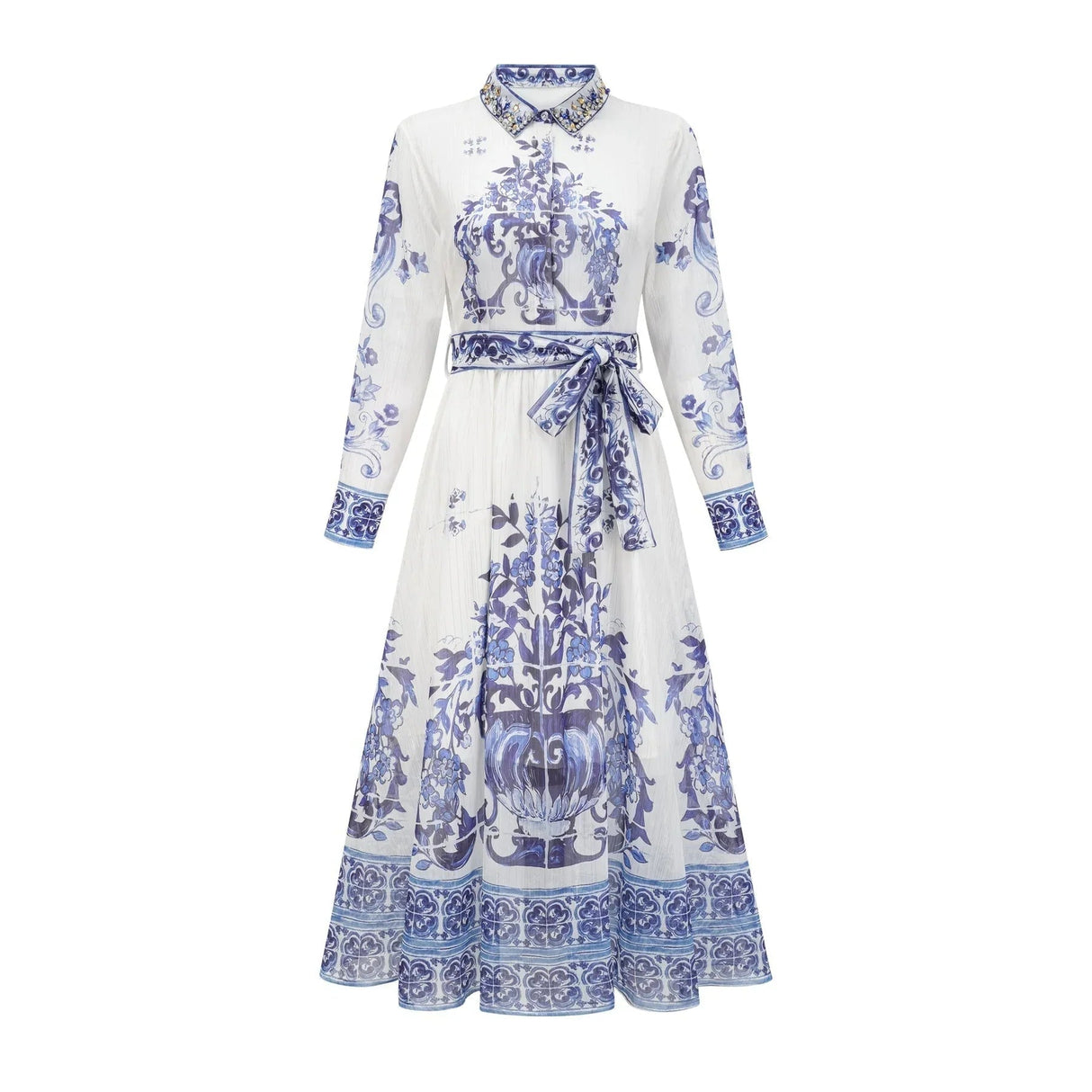 Angela Midi Dress - Long Sleeve Tulle Design - Pattern - Cinched Waist