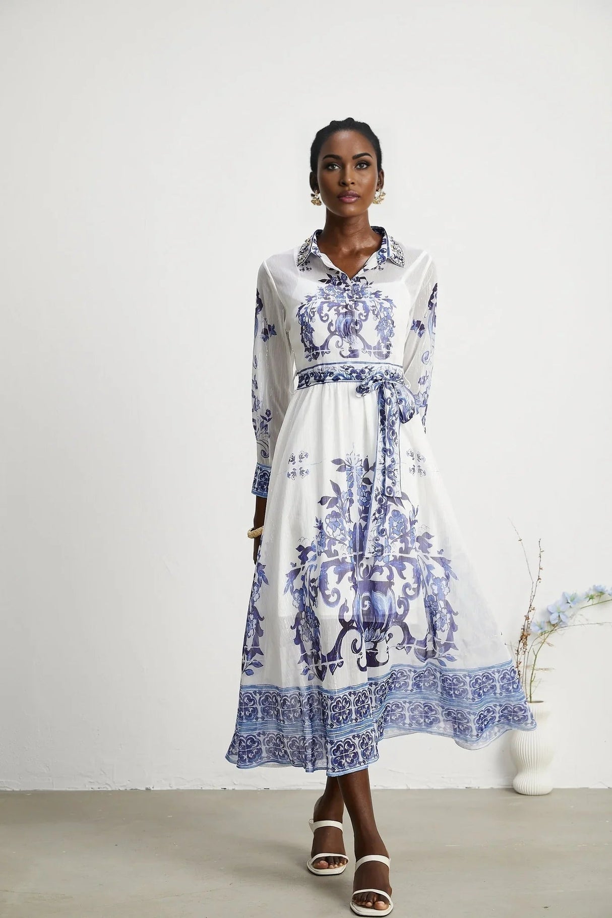 Angela Midi Dress - Long Sleeve Tulle Design - Pattern - Cinched Waist