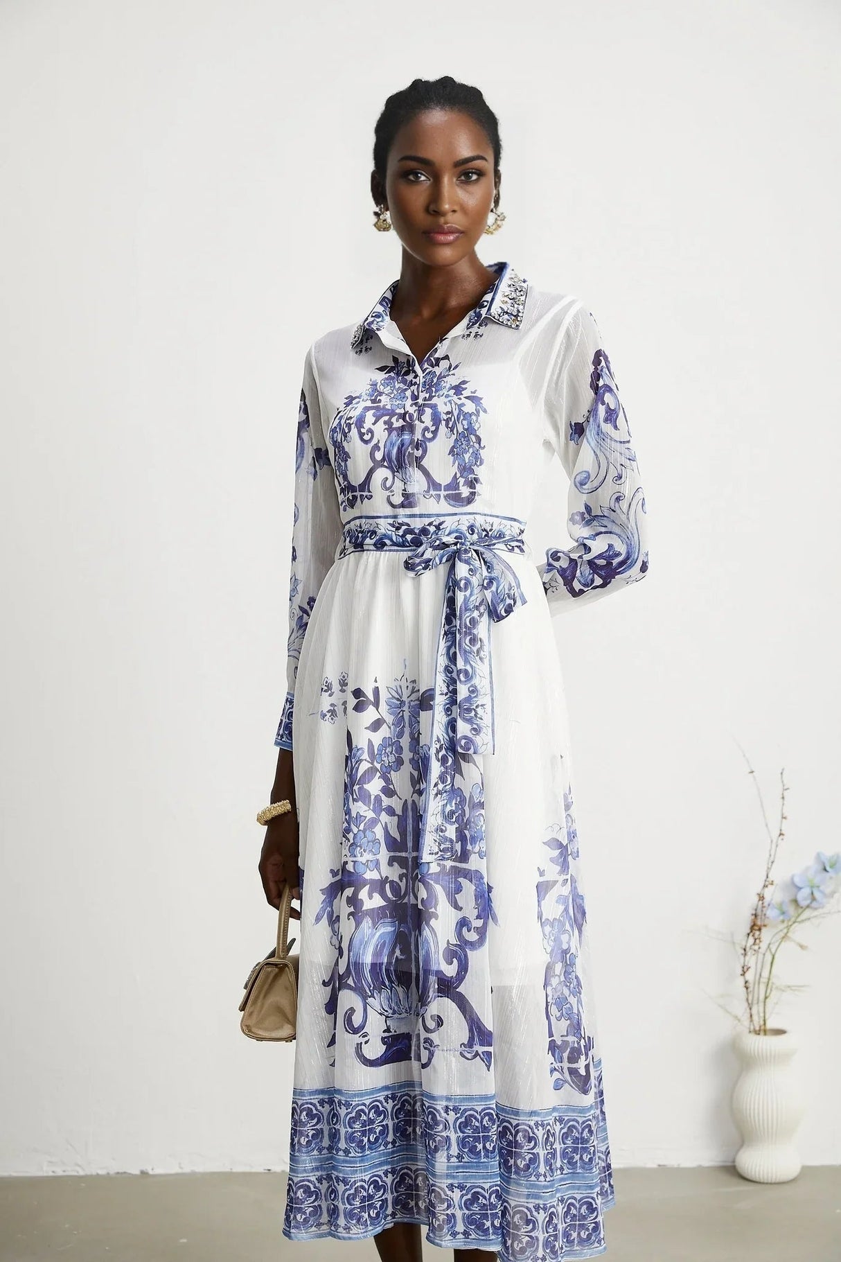 Angela Midi Dress - Long Sleeve Tulle Design - Pattern - Cinched Waist