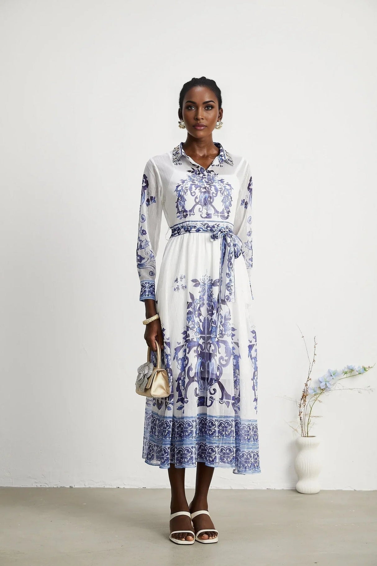 Angela Midi Dress - Long Sleeve Tulle Design - Pattern - Cinched Waist