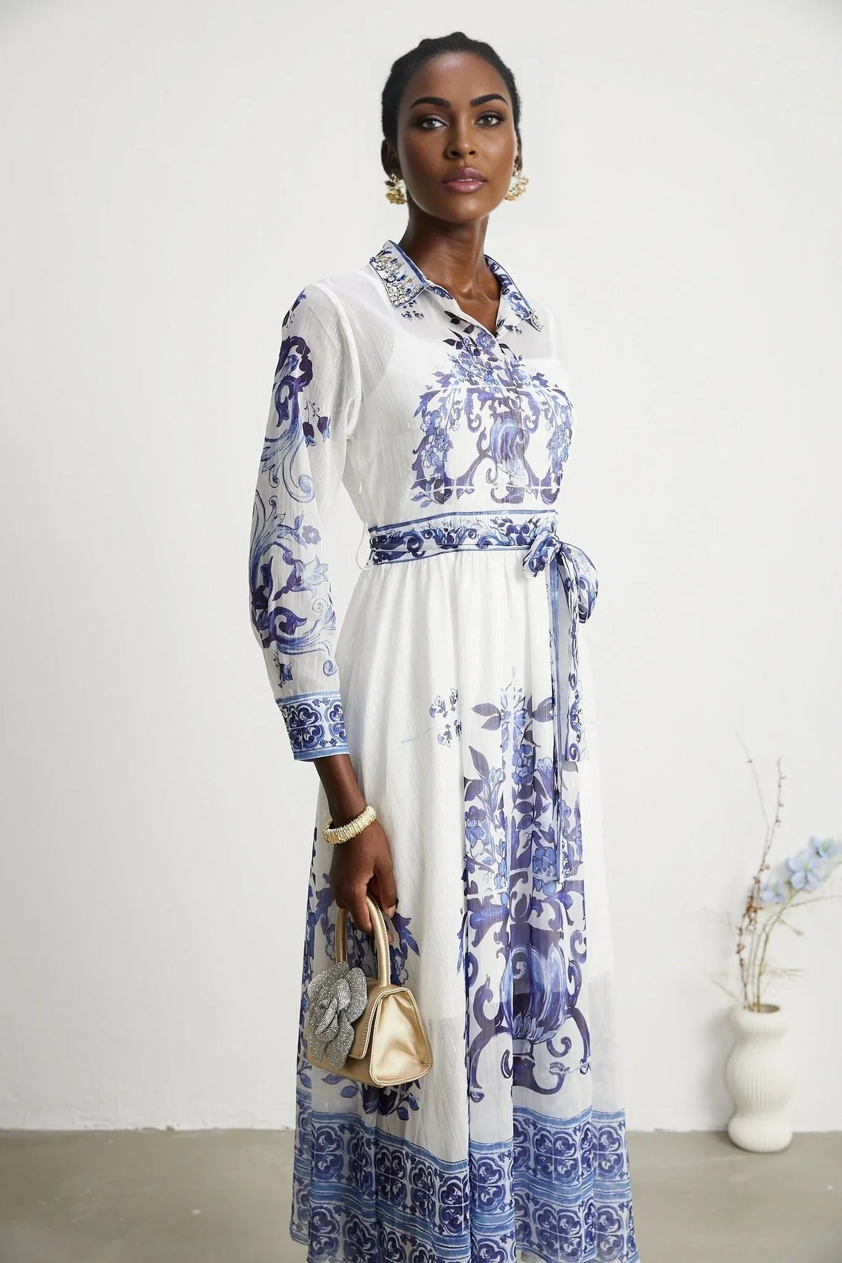 Angela Midi Dress - Long Sleeve Tulle Design - Pattern - Cinched Waist