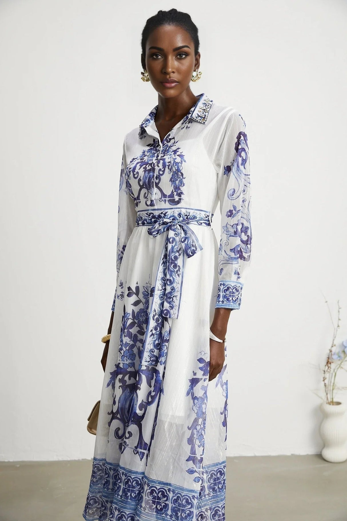 Angela Midi Dress - Long Sleeve Tulle Design - Pattern - Cinched Waist